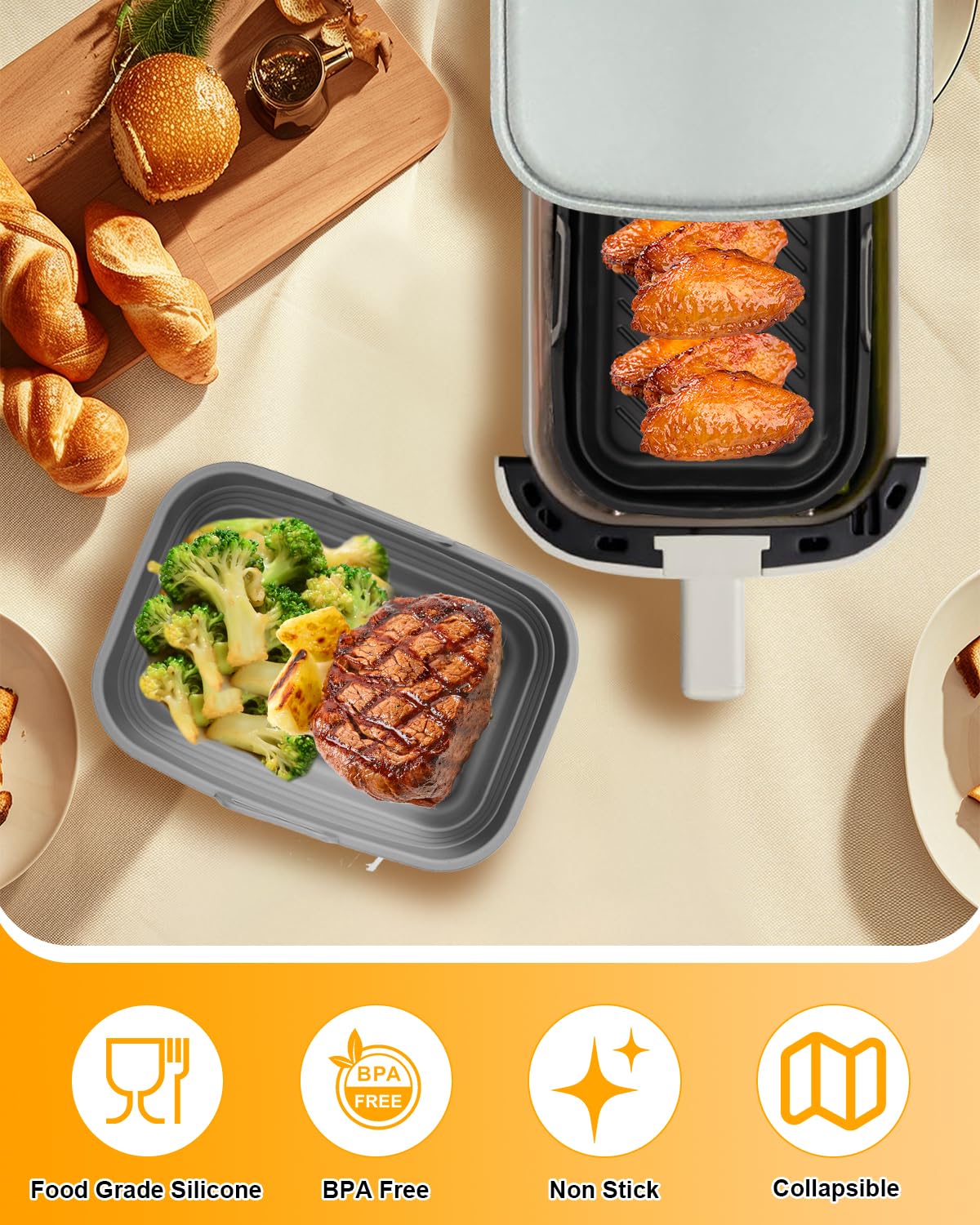 Air Fryer Silicone Liners Collapsible 2-Pack for bella 4Qt(3.3lb) Slim Air Fryer, Reusable Airfryer Silicone Pot Baking Basket Insert Accessories, Non Stick, Easy Cleaning, Gray+Black