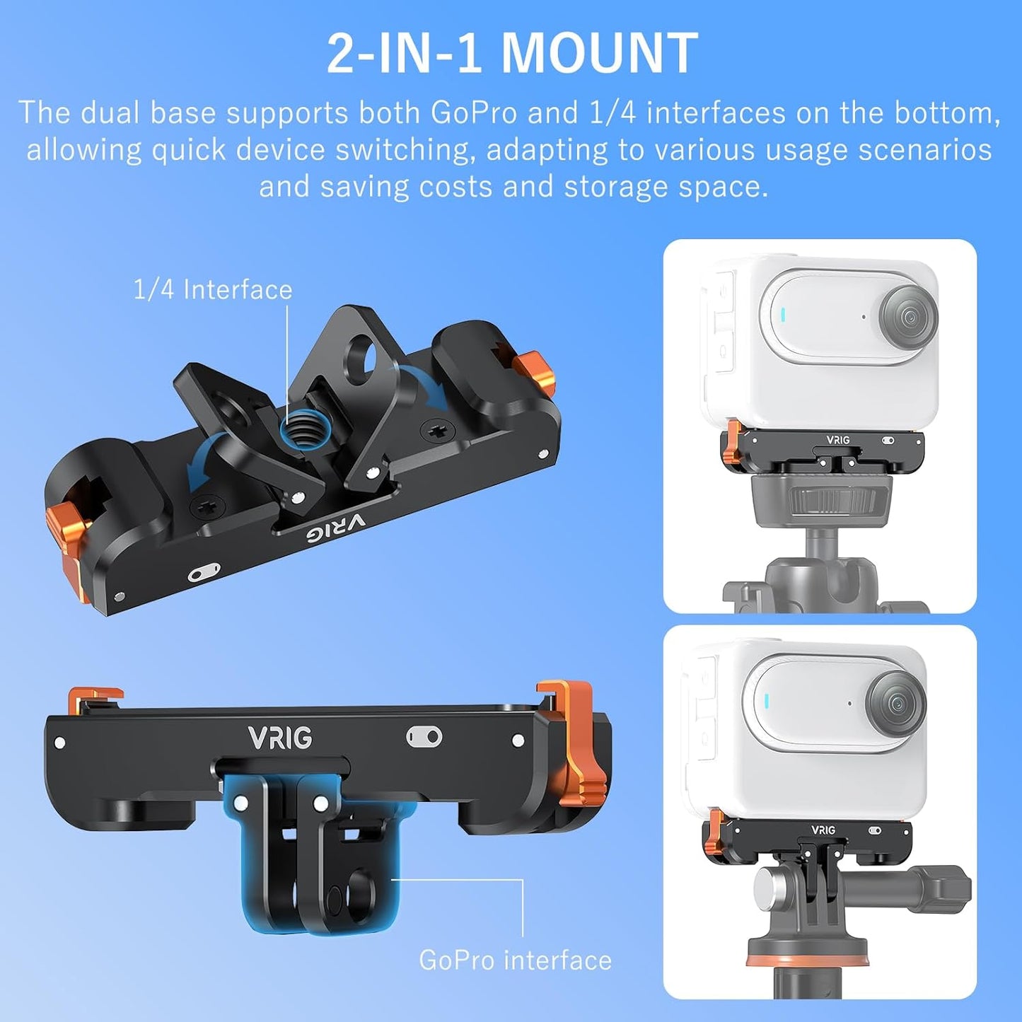 VRIG 360 3 3S, AC-39 1/4" 2-Prong Magnetic Quick Release Mount for Insta GO / GO Action Camera Adapter Vlogging