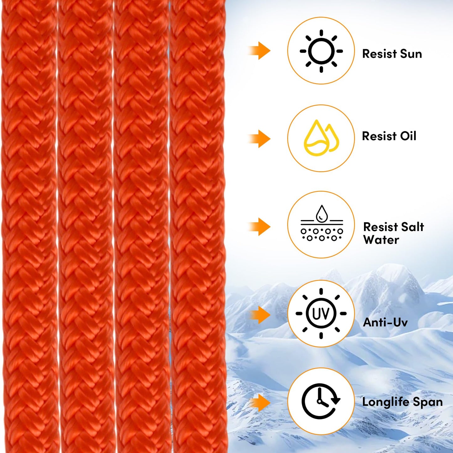 Anchor Rope 50 ft X 1/2 inch, Double Braided Anchor Line, Boat Rope with Stainless Steel Thimble and Shackle for Boating, Anchoring, Mooring, Pulling (Orange)