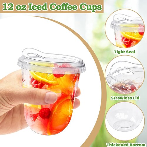 Alaeseje 12 oz Clear Plastic Cups - 50 Pack with Strawless Sip Lids for Iced Coffee & Smoothies