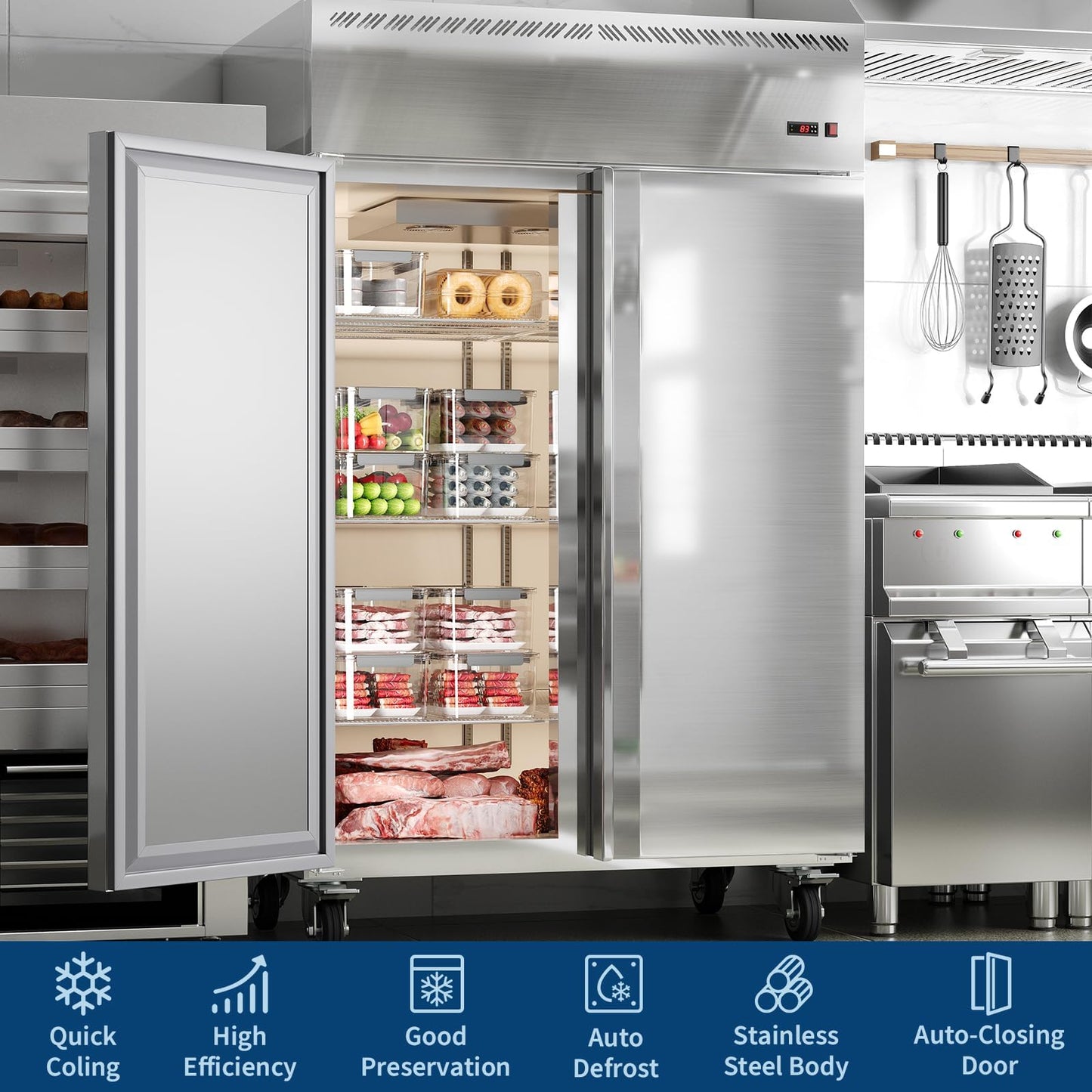 GarveeLife 48" W Commercial Freezer -8°F~0°F,Reach-in 36 Cu.ft 2 Door Stainless Steel Commercial Refrigerator Fan Cooling,6 Adjustable Shelves, Auto Defrost,for Restaurant,Bar,Kitchen,Shop
