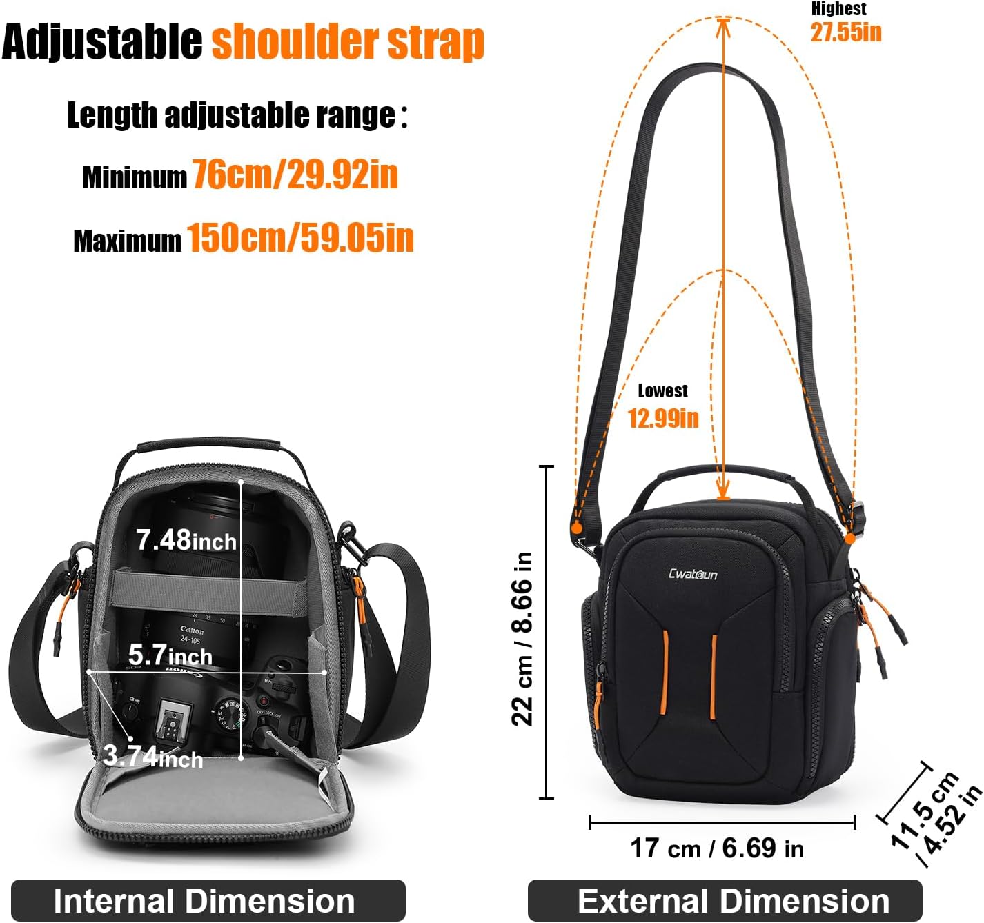Cwatcun Campact Camera Bag Small Camera Sling Case for Canon Nikon Sony Fuji Cameras, Lens, DSLR SLR Mirrorless