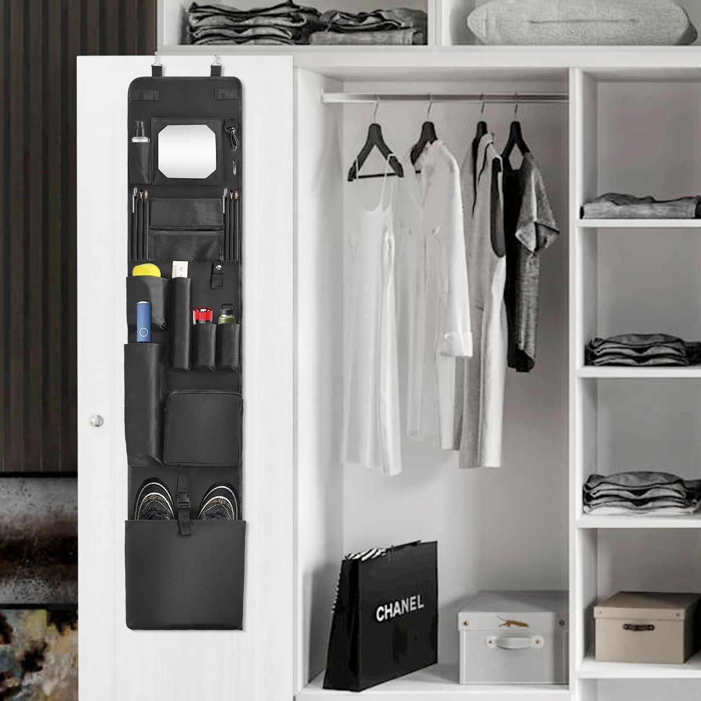 BOHEMIABY Police Locker Organizer, 51 X 11 in Hanging Locker Organizer, Locker Organizer Door Hanging for School Gym Police Security Law Enforcement Personnel, 600D Durable Material with Mirror