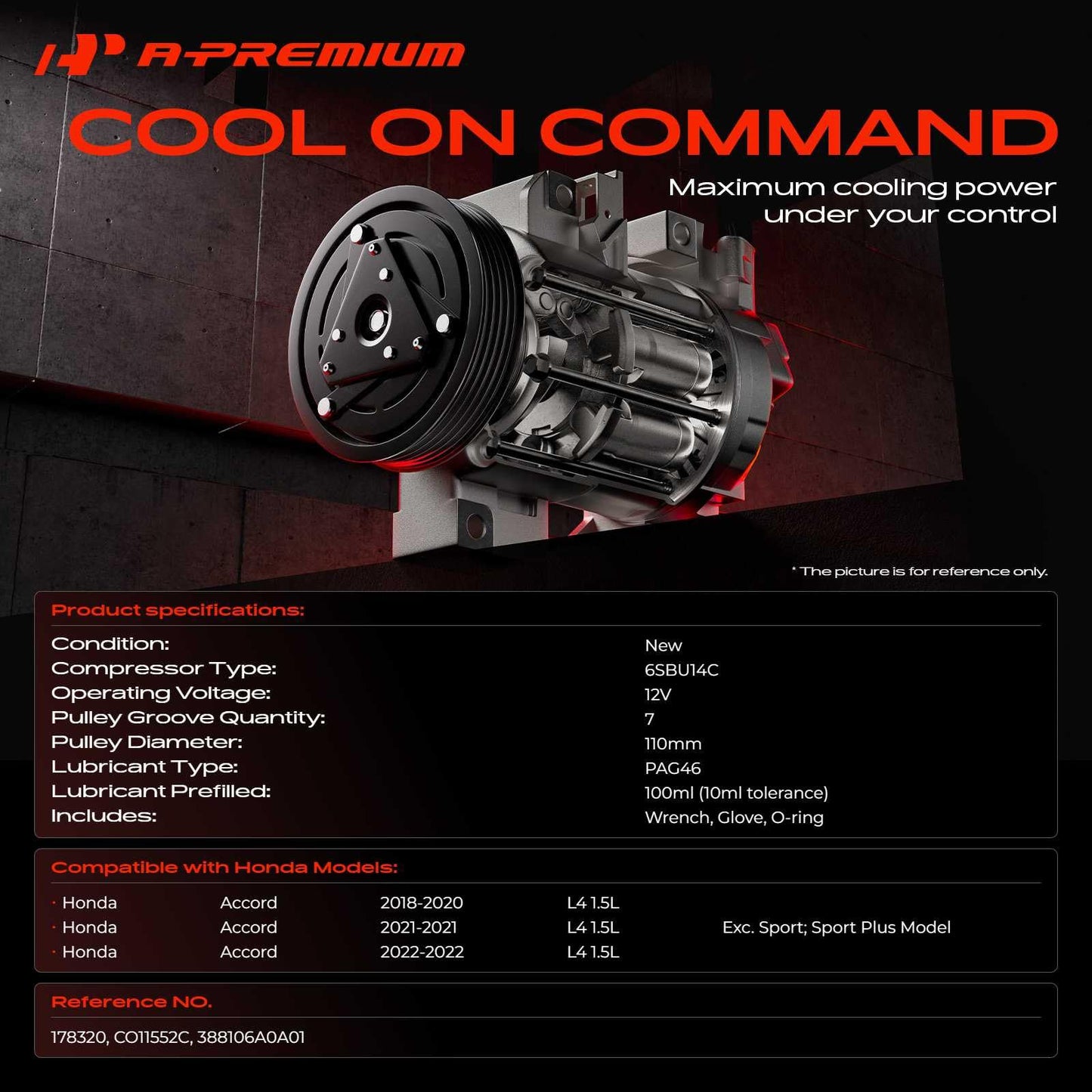 A-Premium Air Conditioner AC Compressor with Clutch Compatible with Honda Accord 1.5L 2018-2022, with 110mm Pulley