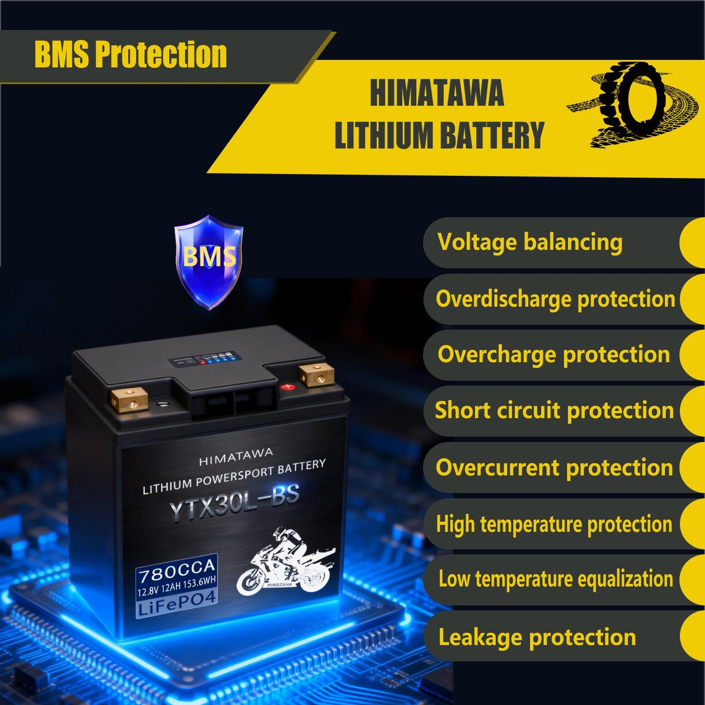 Himatawa YTX30L-BS lithium battery 780cca 12Ah LiFePO4,Fits for motorcycle,UTV,ATV,PWC,Jet Ski, Scooter, Lawn Mower, Snowmobile, Motorbike,Tracktor,Quad