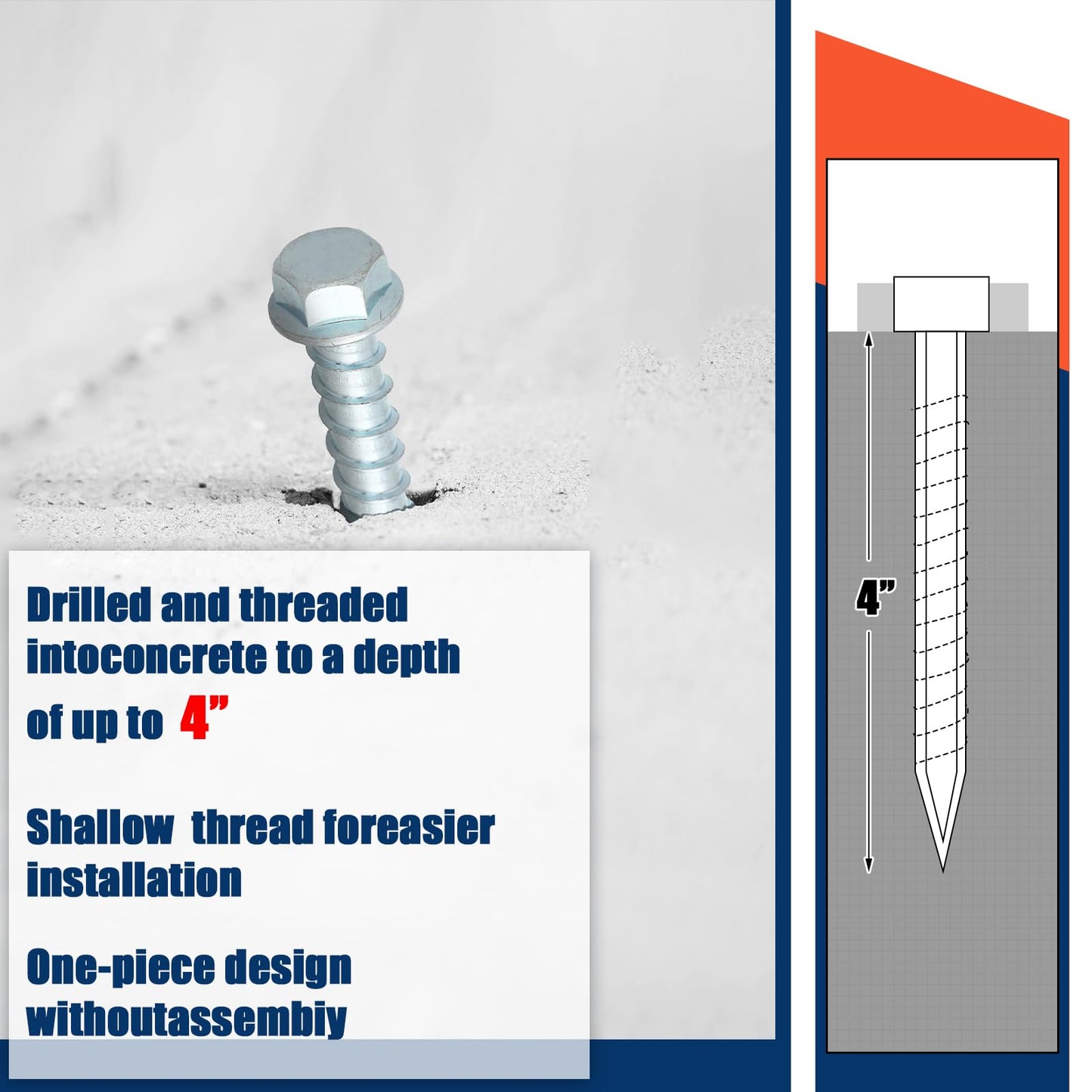 Tandefio 40 Pack 5/8" x 4" Concrete Screw Anchors Galvanized Large Diameter Heavy Duty Plated Concrete Anchors for Masonry Brick Anchoring Block Decking Framing Hex Drive