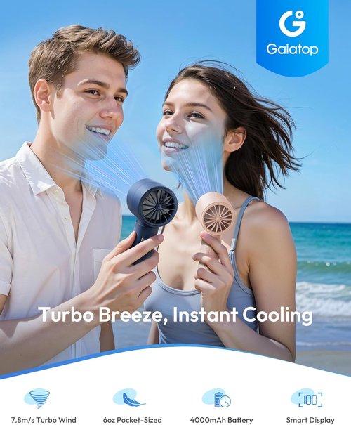Gaiatop Handheld Personal Fan - Powerful Turbo Cooling | 4000mAh USB Rechargeable Mini Fan in Pink