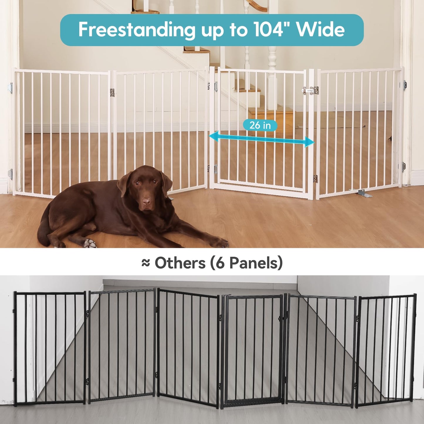 No Pawblems Free Standing Dog Gate with Door, 30'' Tall Foldable Dog Fence for Indoor & Outdoor, Up to 104 Inch Extra Wide Puppy Gate for Stairs, Hallways, Doorways, Deck, Yard (White, 4 Panels)