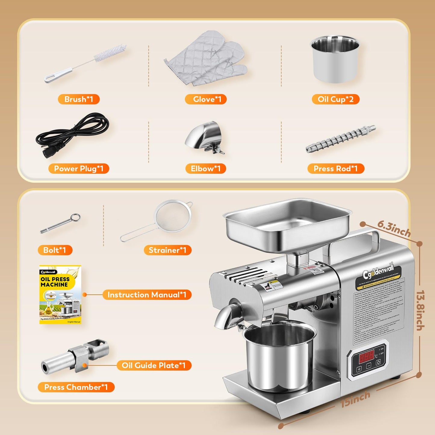 CGOLDENWALL Oil Press Machine,Automatic Oil Making,1000W Oil Extractor for Cold & Hot Pressing,Oil Maker with Intelligent Temperature Controller(32-572°F),Seeds Nuts Oil Expeller,CE(110V, US Plug)