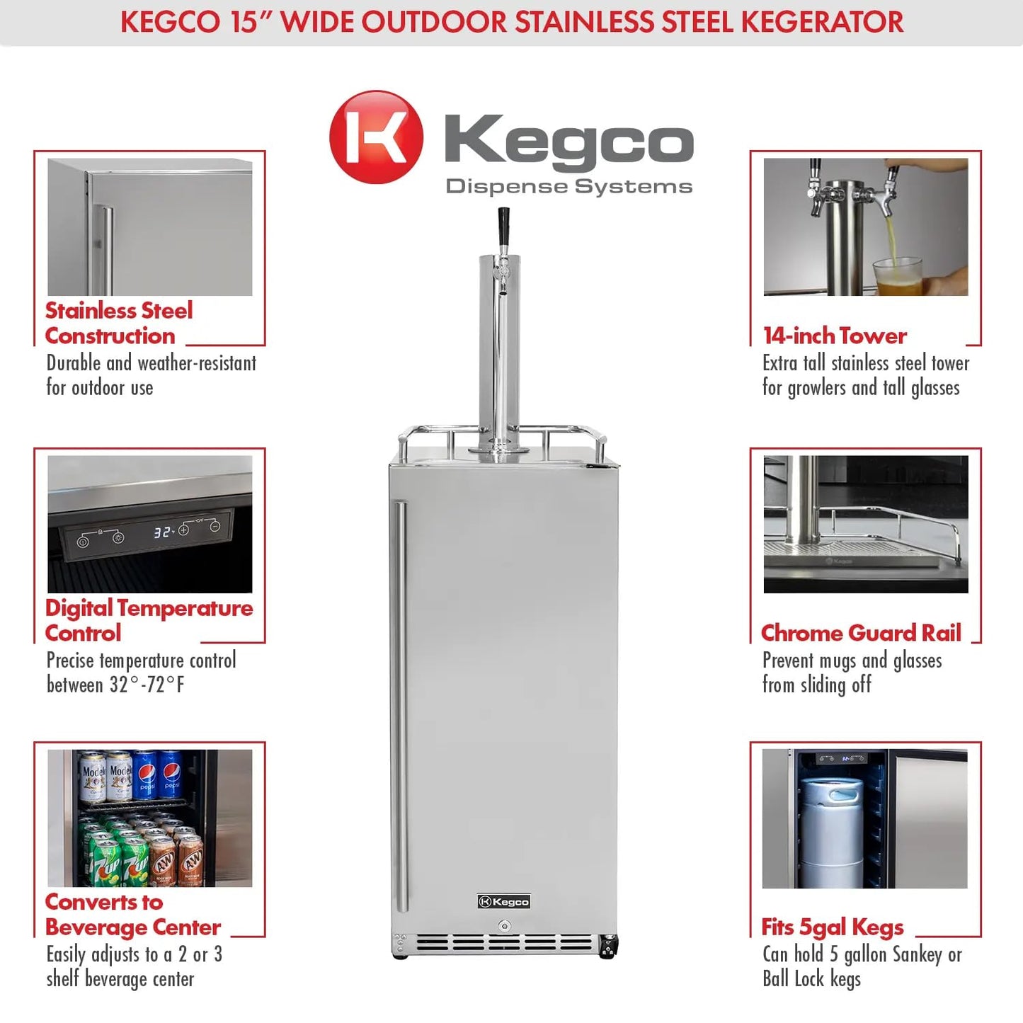 Kegco 15" Wide Single Tap Stainless Steel Built-In Outdoor Commercial Kegerator HK-15-SS