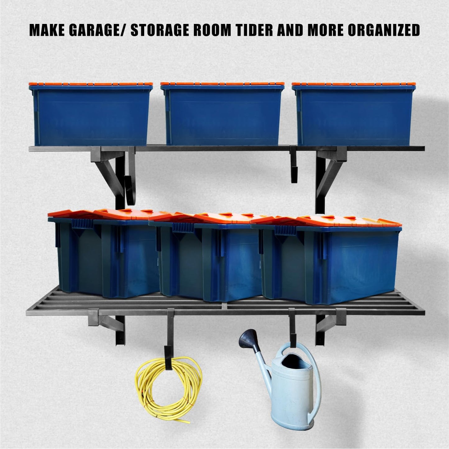 BTRAM 2 Pack Heavy Duty Garage Wall Shelving, 2' x 4' wall mount storage shelf, Holds 200 lbs Each, Garage Shelving Wall Mounted, Storage Rack with Hooks (Black)
