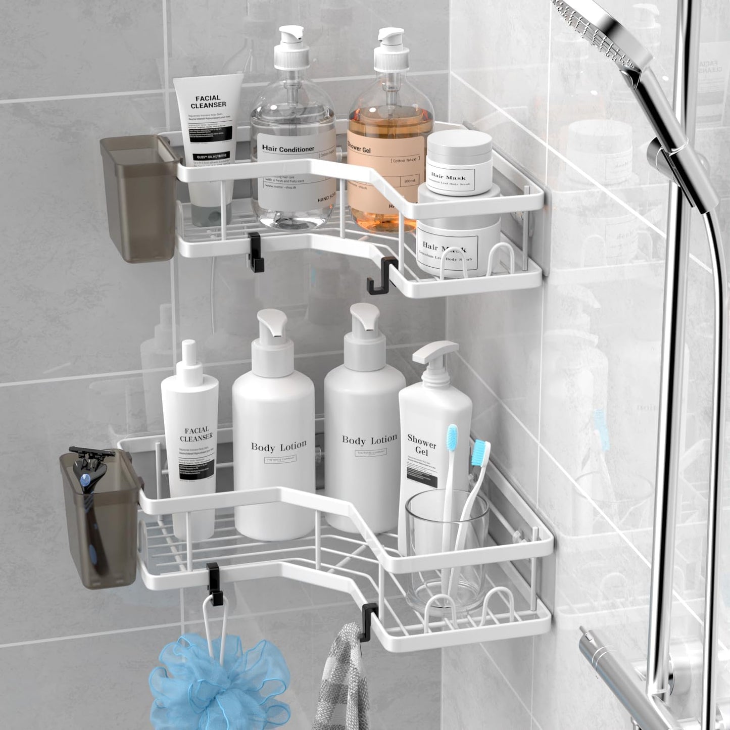 **AKTECKE Shower Caddy | 2-Pack Corner Organizer Shelf - No-Drill Stainless Steel Bathroom Storage with Hooks**