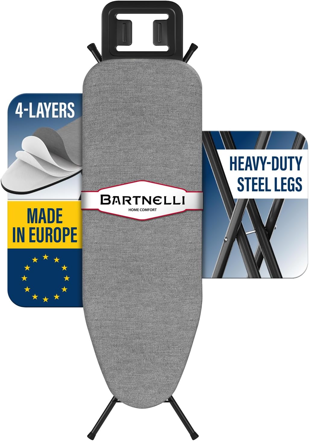 Bartnelli by Rorets Ironing Board - Height Adjustable with 4-Layer Cover & Safety Iron Rest | 43"x13" for Laundry Room or Dorm