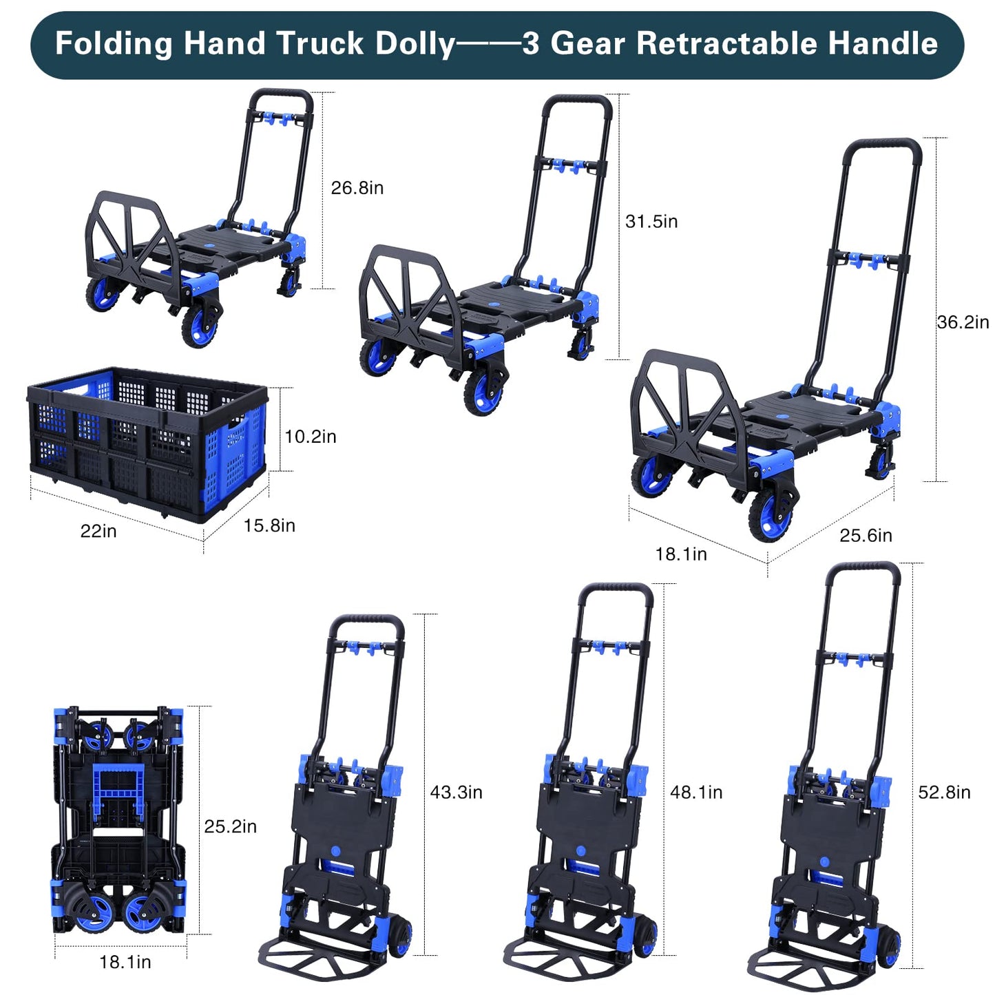 2-in-1Folding Hand Truck Dolly with Folding Basket, 330LBS Capacity Foldable Hand cart,Folding Dolly with Retractable Handle,Hand Truck Foldable with 4 Wheels for Moving