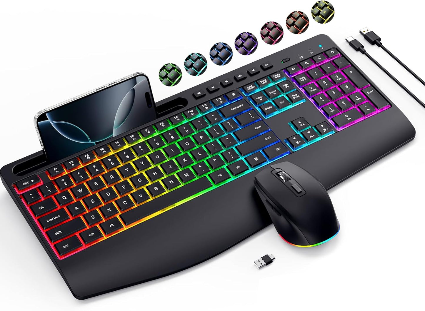 VEILZOR 2.4G 9 Set Wireless Keyboard and Mouse Combo- Rechargeable Keyboard with Phone Holder, Ergonomic Wrist Rest