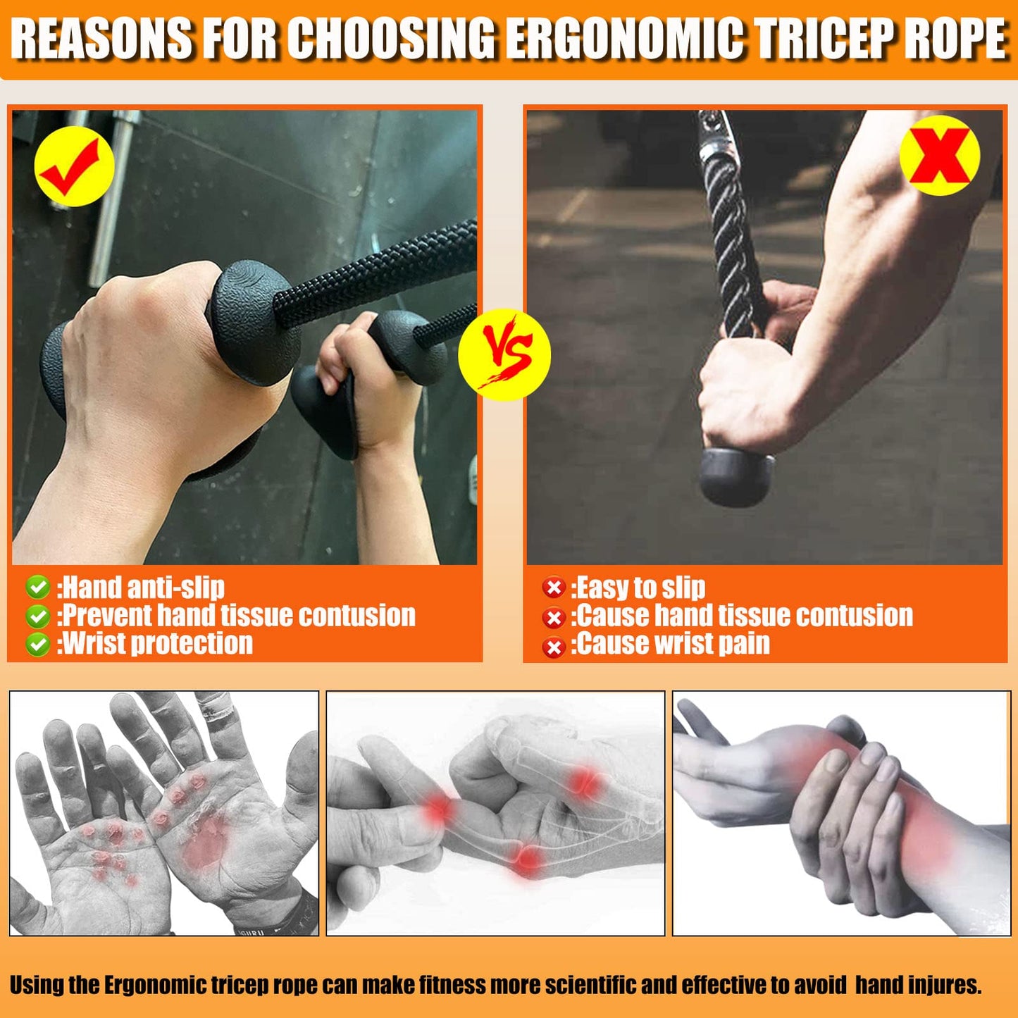 Ergonomic Tricep Rope Pull Down Attachment, Upgraded Long Triceps Rope Cable Attachments for Gym, Lat Pull Down Bar for Cable Machine, Tricep Lat Pulldown Workout Cable Attachments (HAND ROPE-01)