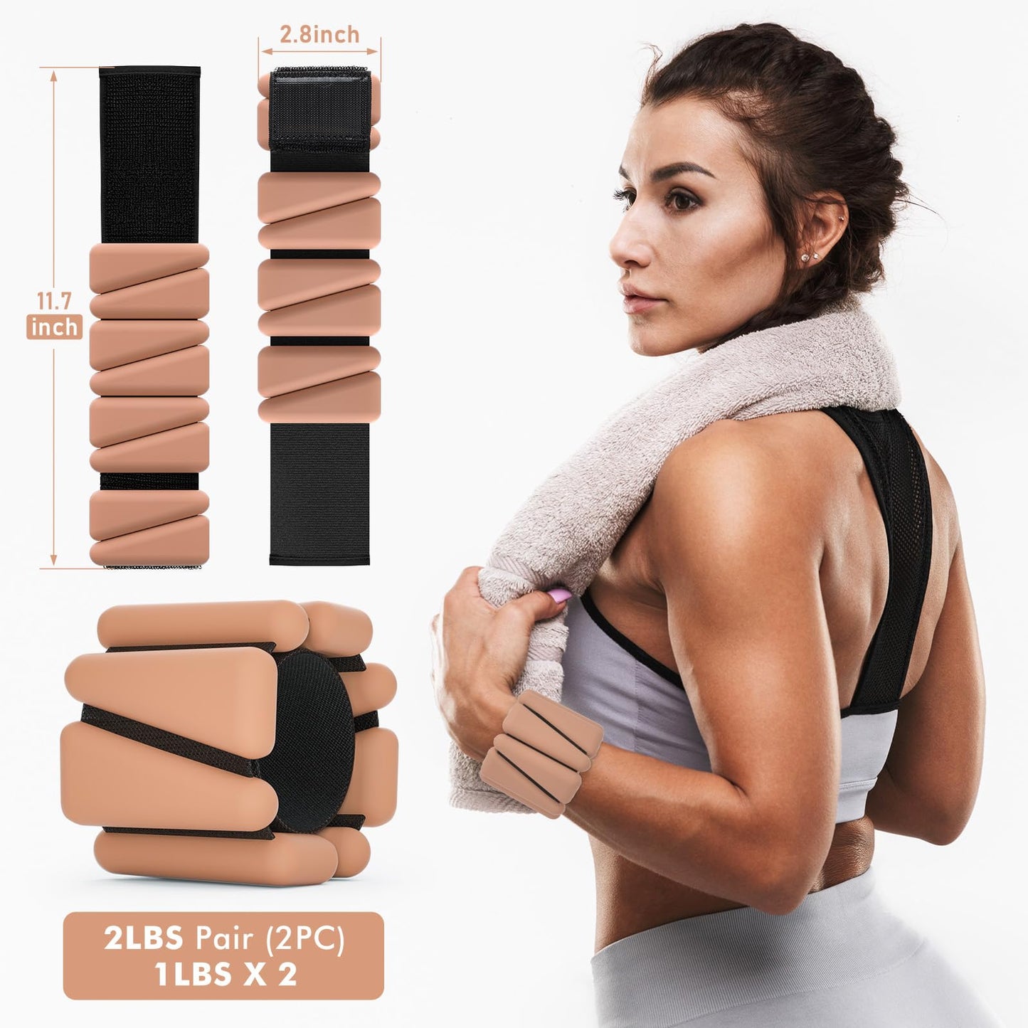 Wrist Weights, Ankle Weights for Women Men, Adjustable Wrist Weighted Bracelet for Home Gym Workout, Running, Yoga, Exercise, Strength Training, Set of 2 (1LB Each)-Light Brown