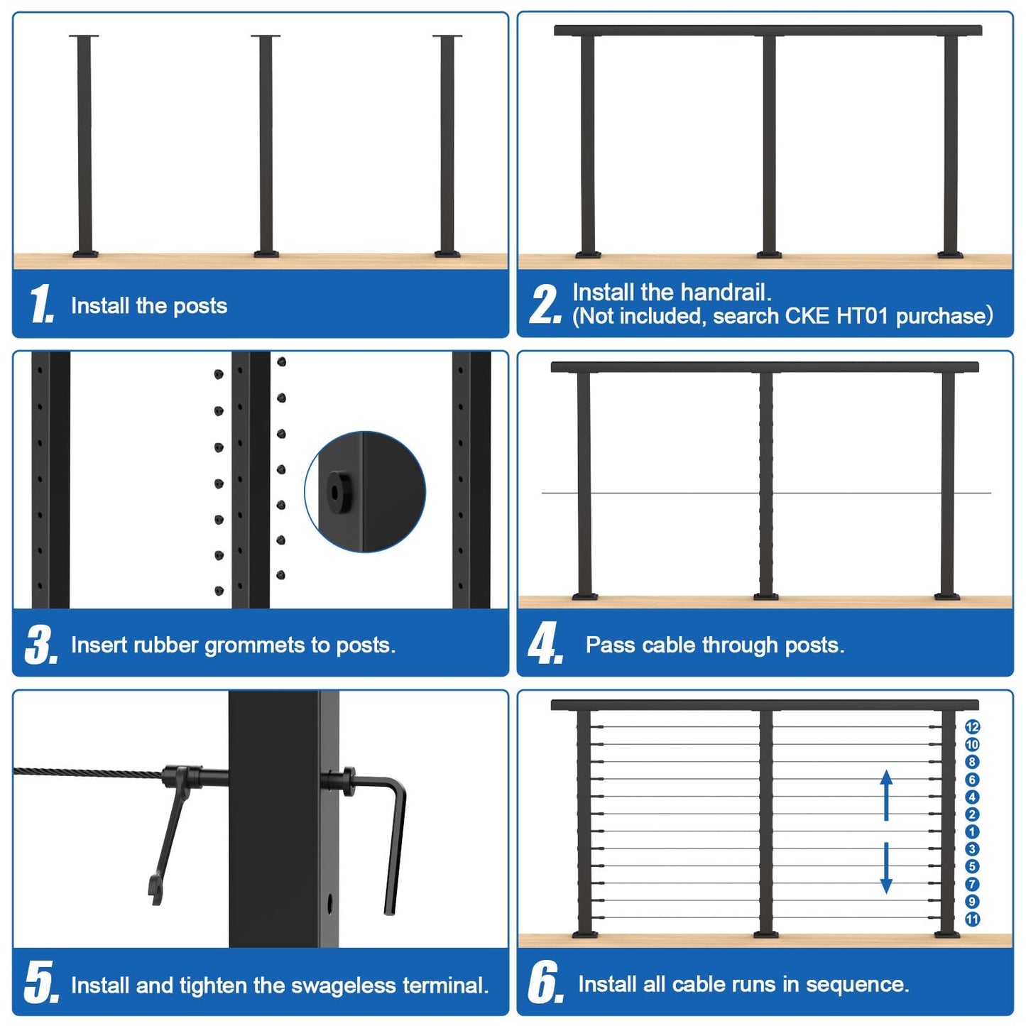 CKE 15ft-20ft Complete Set 42" Cable Railing Post Kit, 4Pack Black Level Drilled Line Posts(41"x2"x2"), Swageless Deck Cable Railing System Kit, 250ft 1/8" Wire Rope(No Handrail), Black Post Kit LPS02