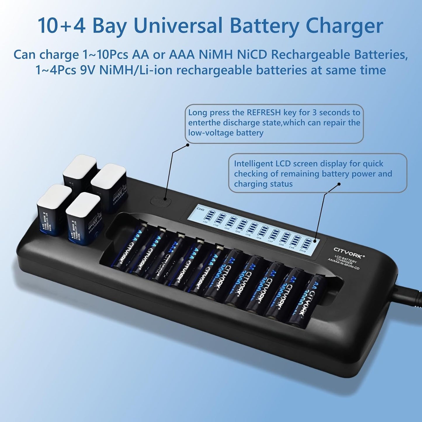 CITYORK 10+4 10 1.2V 4 9V Bay AA AAA Battery Charger with LCD Display, Bay for AA AAA NiMH NiCd Batteries, Bay