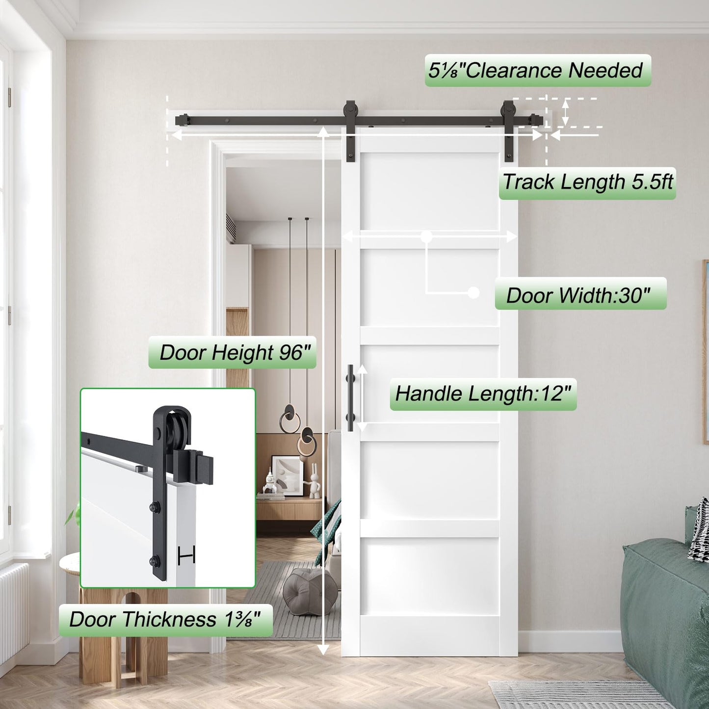 Fredbeck 30x96 inch White Barn Door with 5.5FT Sliding Door Hardware Kit Included & Handle,Solid,MDF, PVC Surface,DIY Assembly,5-Panel