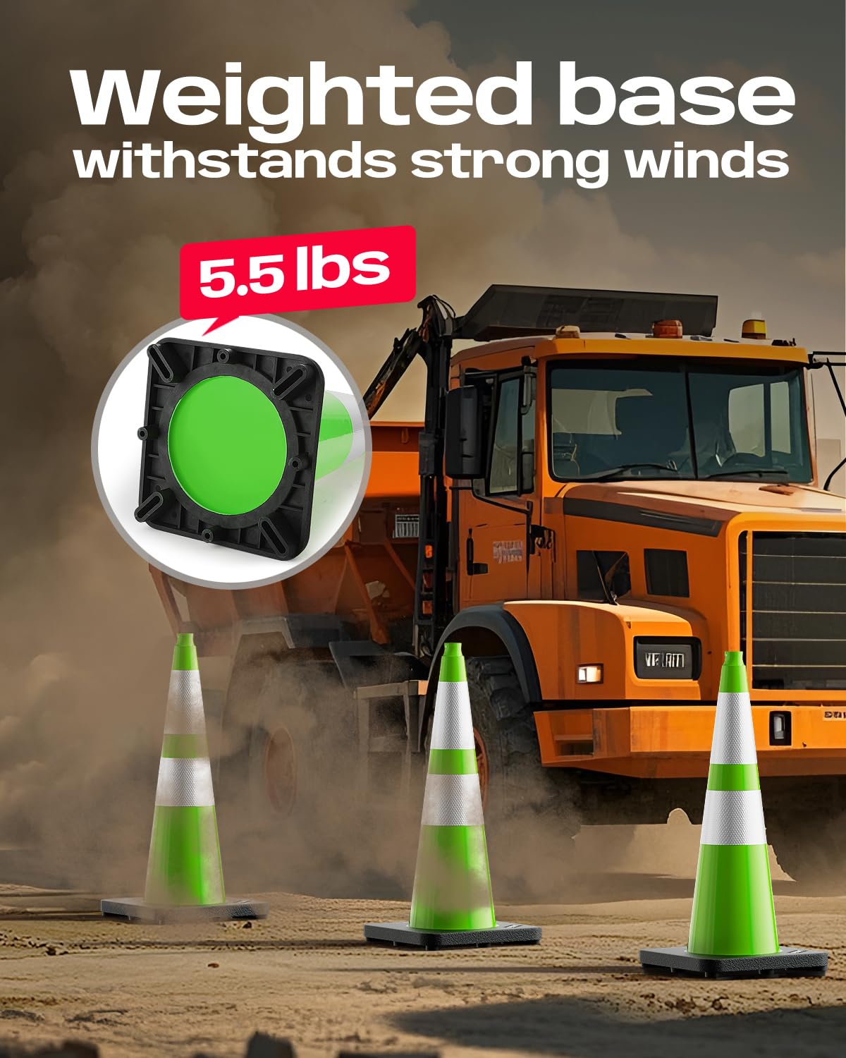 BATTIFE Traffic Cones with Black Weighted Base, PVC Safety Cones for Traffic Control, Construction Events, Driveways, and Parking Lots (28 Inch, Green, 6 Pack)