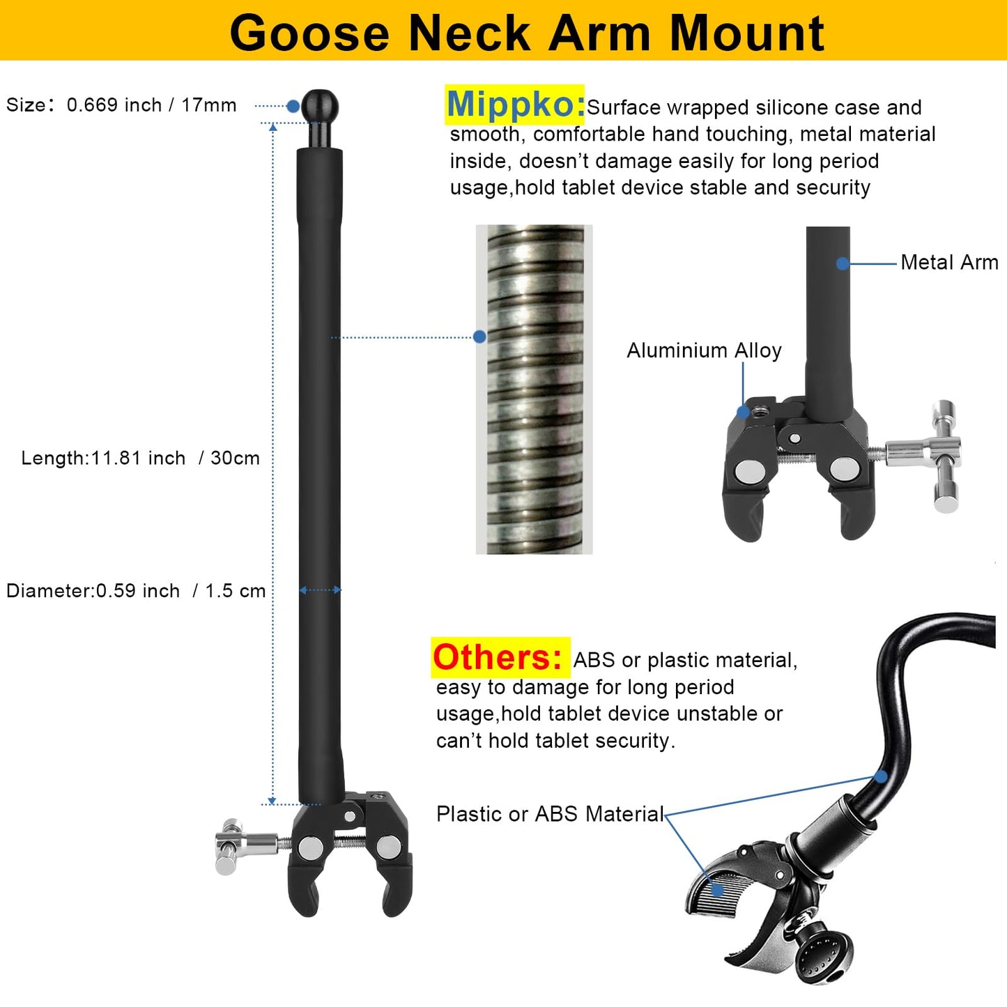 Mippko Tablet Holder for Treadmill/Elliptical/Spin Bike/Peloton/Indoor Cycle,Gooseneck Arm Super Crab Clamp Mount Compitable with 4.7~12.9" iPad/Nexus/LG G Pads/e-Reader/Switch/iPhone