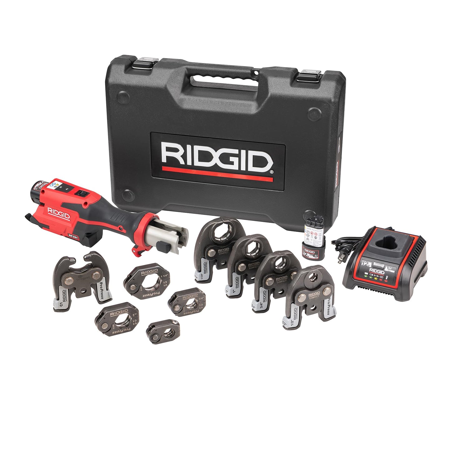 RIDGID 78208 RP 251 Compact Press Tool Battery Kit with ProPress Rings and Jaws (1/2" to 1-1/4") and C1 Actuator, In-Line Pressing Tool for Copper, Stainless Steel, PEX, and Carbon Steel