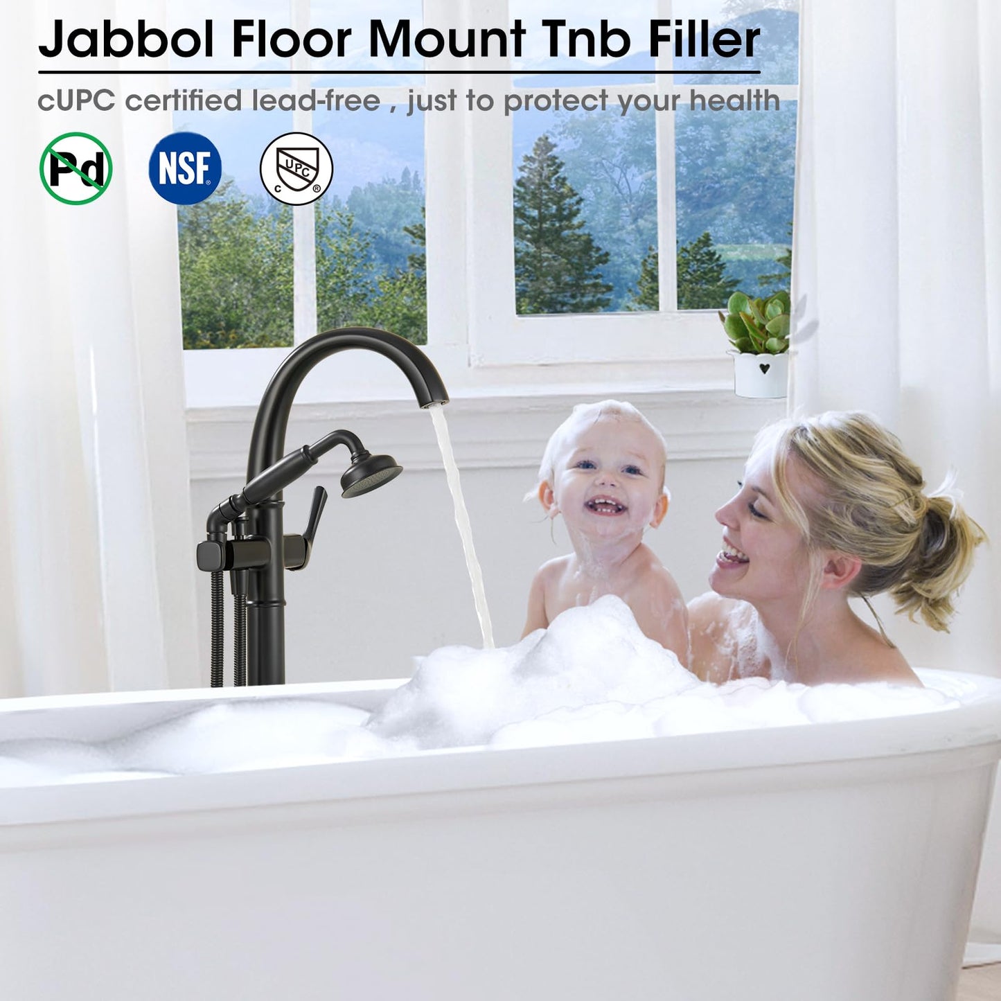 Free Standing Tub Faucet, Jabbol Luxury Freestanding Bathtub Faucet with Sprayer, Brass Bathroom Floor Mount Tub Filler, Matte Black (JB-8811BK)