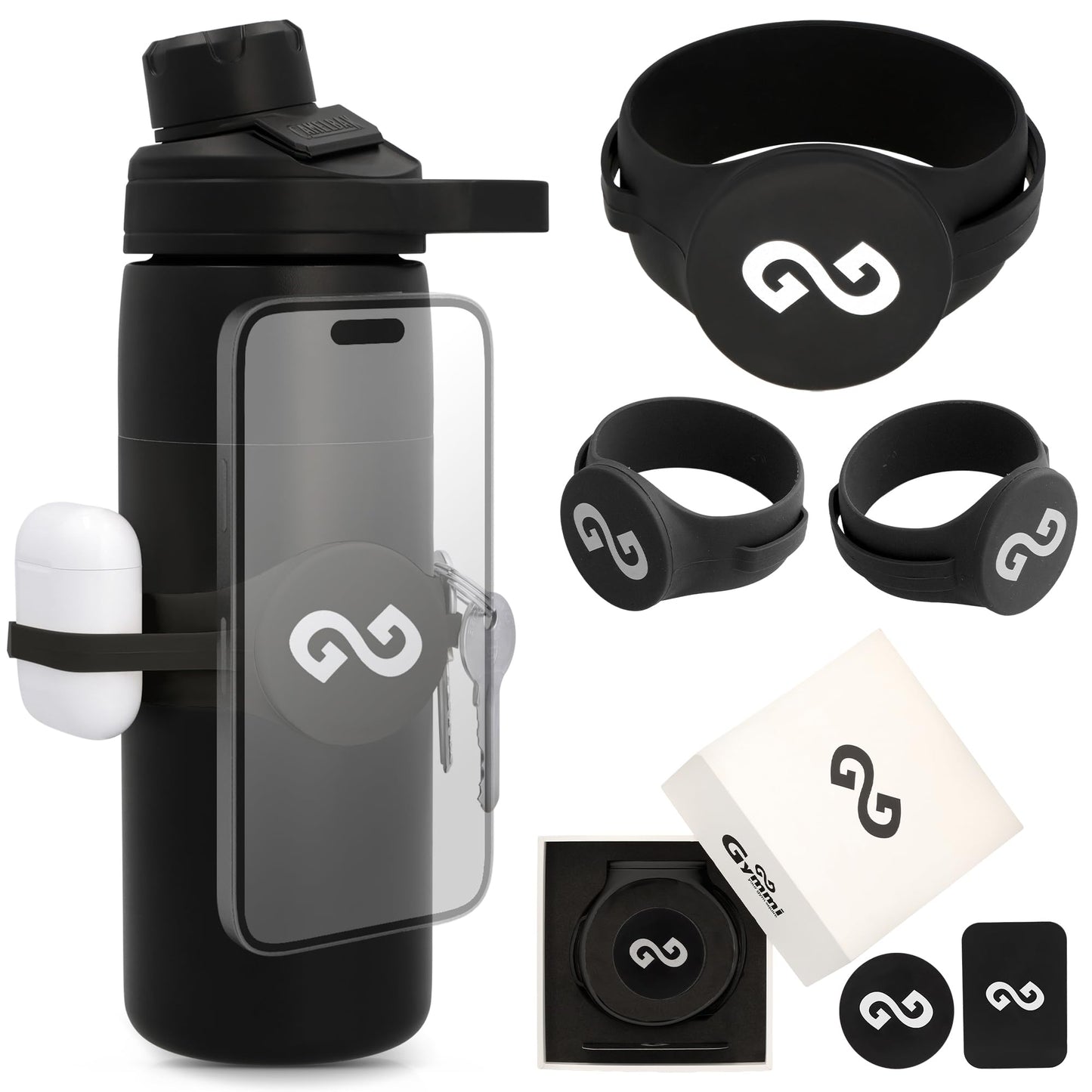 Gymmi Magnetic Water Bottle Phone Holder – One-Piece Silicone Strap for Gym | Holds Phone, Keys & Earbuds | Fits 12–40 oz Bottles (Night Black)