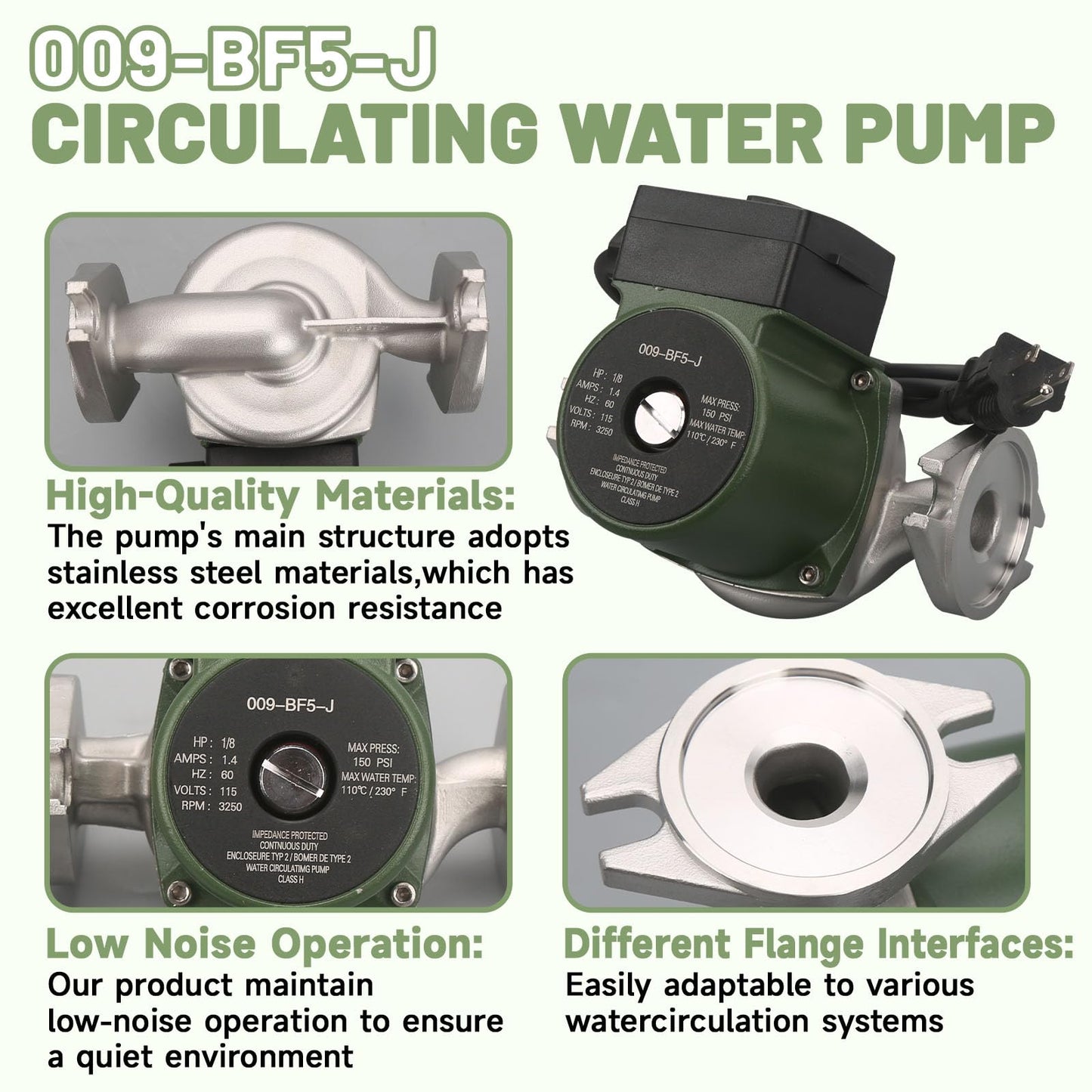009-BF5-J Stainless Steel Water Circulator Pump 1/8 HP 115V 60Hz for Hydronic Heating Boiler Hot Water Circulation System