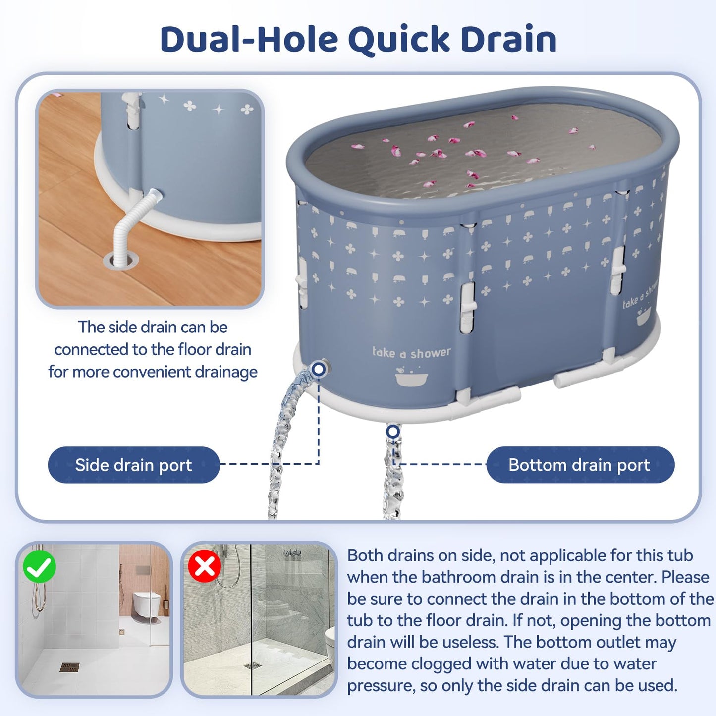 HLCZLUZ Portable Bathtub, Foldable Bathtub No Installation, Freestanding Shower Bathtubs with Cushion, Collapsible SPA Soaking Bath Tub, Hot & Ice Bath Tub for Indoor Outdoor (Water Pattern Blue)