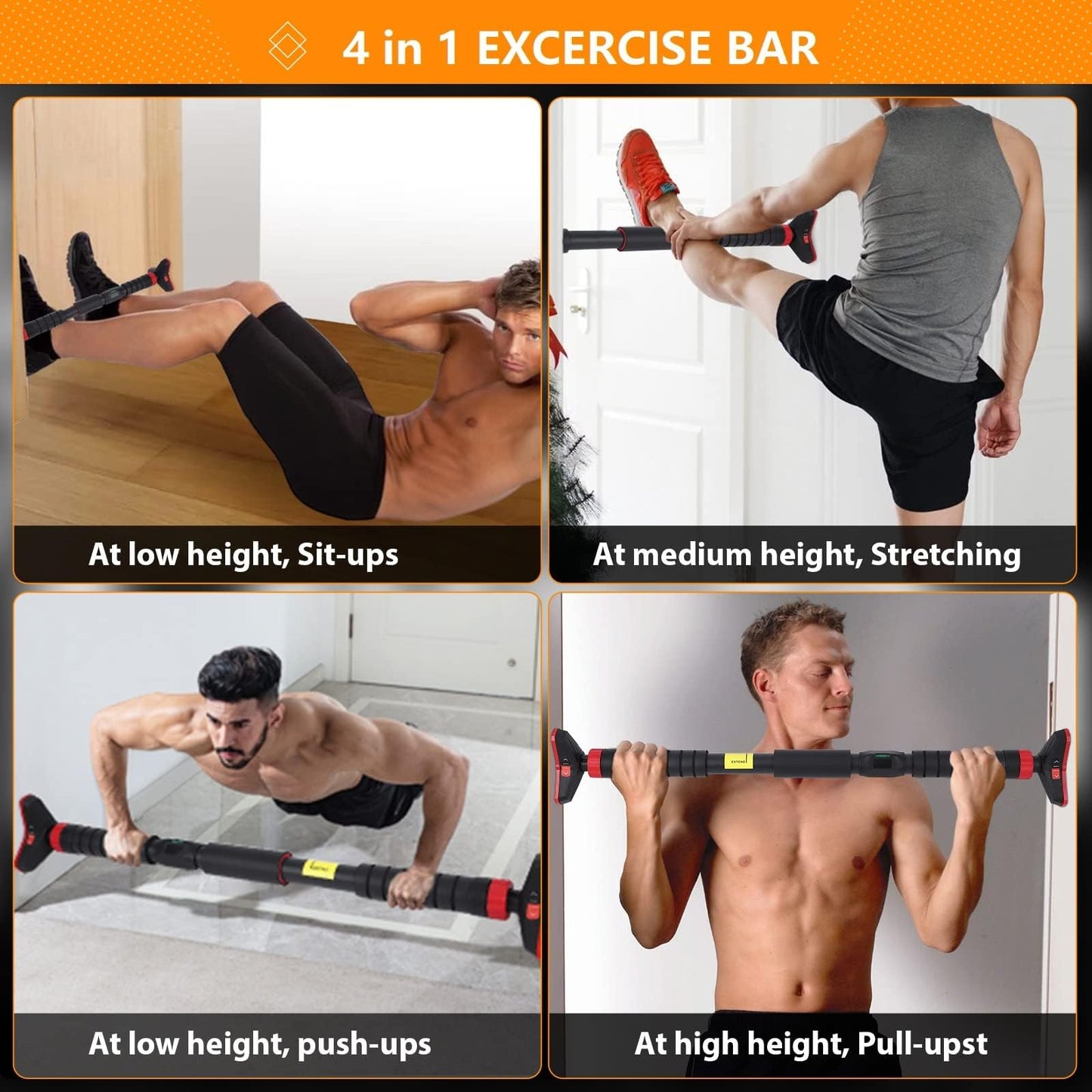 Adjustable Pull Up Bar for Doorway - 440LBS Weight Capacity, No Screws Installation with Level Meter and Auto Lock, Chin Up Bar for Home Gym Strength Training,Red Triple