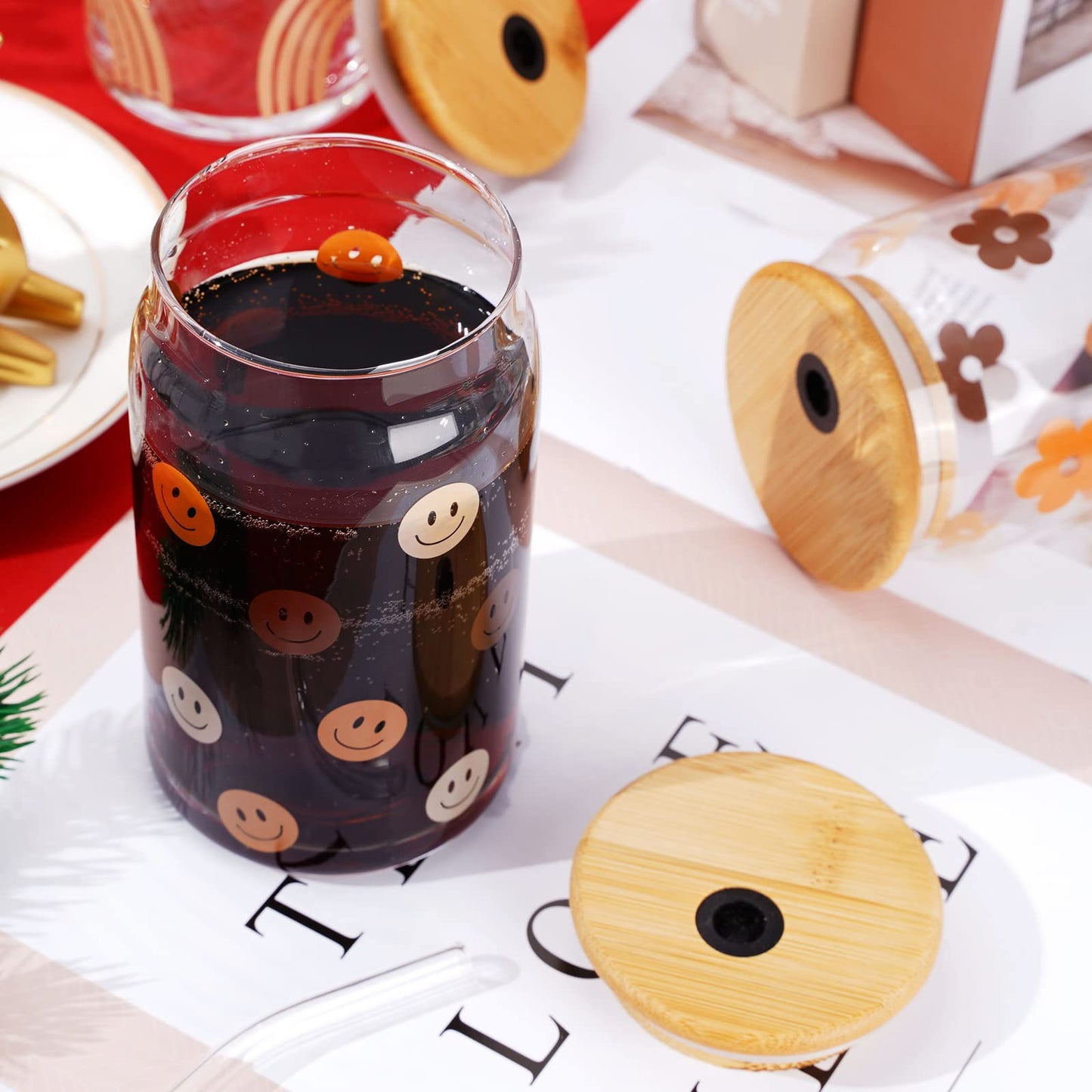 Whaline Drinking Glasses with Bamboo Lids and Glass Straw 4pcs Set - 16oz Can Shaped Glass Cup, Iced Coffee Glass Ideal for Cocktail, Whiskey, Gift - 2 Cleaning Brushes