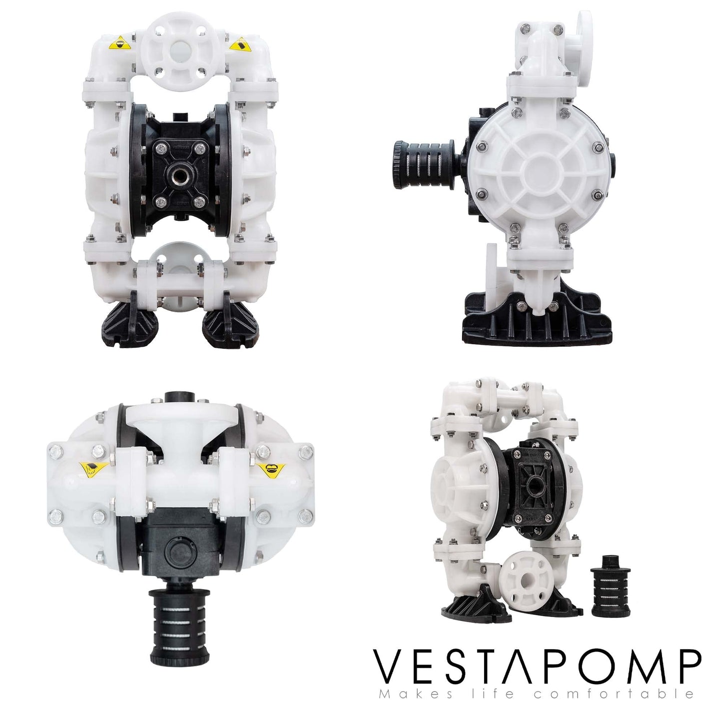 Vestapomp Air Operated Diaphragm Pump - Chemical Transfer - Diaphragm Pump Air - AODD Double Pneumatic Transfer (1" Inch Discharge, Polypropylene Body + Santoprene, 40 GPM, 100 PSI)