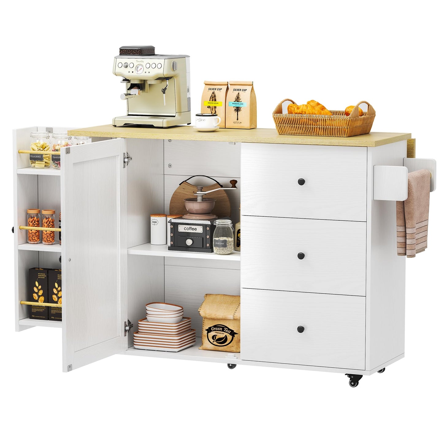 IRONCK Kitchen Island with Storage, 47.2in Rolling Island on Wheels, Kitchen Cart with Drop Leaf, 3 Spacious Drawers, Storage Cabinets and Towel Rack for Home, Dining Room