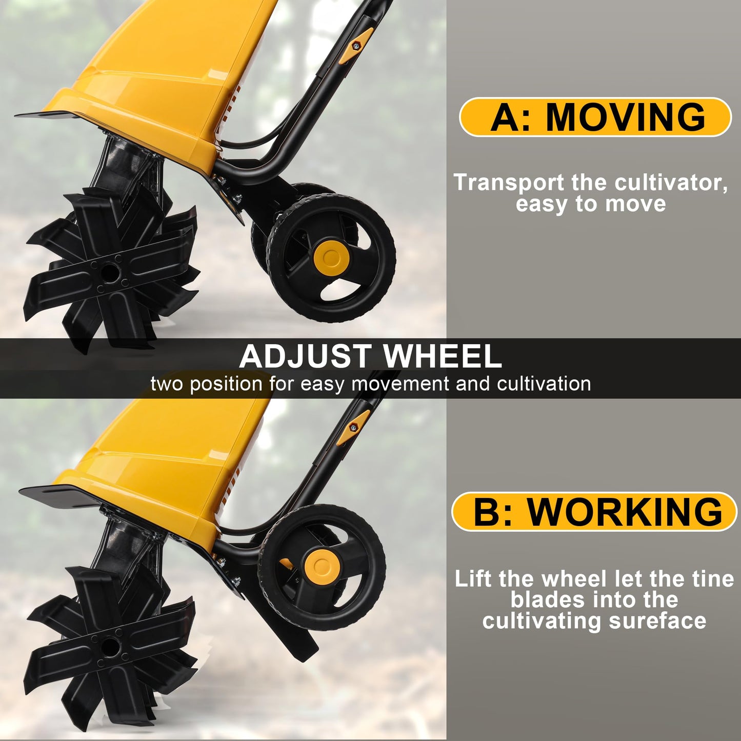 IncwBo Electric Tiller/Cultivator 4 Steel Tines, 8'' Tilling Depth Garden Roto Tillers for Gardening, 13.5 Amp 12 Inch Corded Rototiller with Adjustable Wheels, Yellow