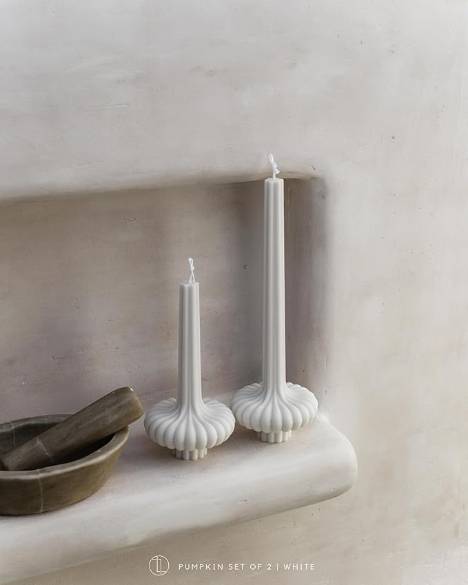 LAWA Set of 2 Pumpkin Base Candle - Beautiful Handmade Pillar Unscented Soy Wax Elegant Aesthetic Vase Candle Housewarming Gift Home Room Shelf Decor Idea White