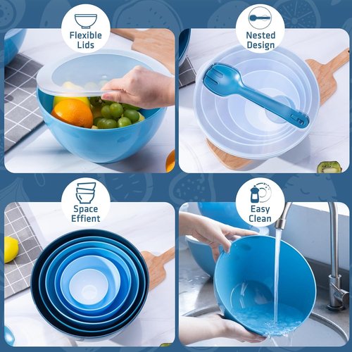 LUXEAR 14-Piece Mixing Bowls Set - Super Large Plastic Nesting Bowls with Lids & 2-in-1 Spoon | Microwave & Dishwasher Safe