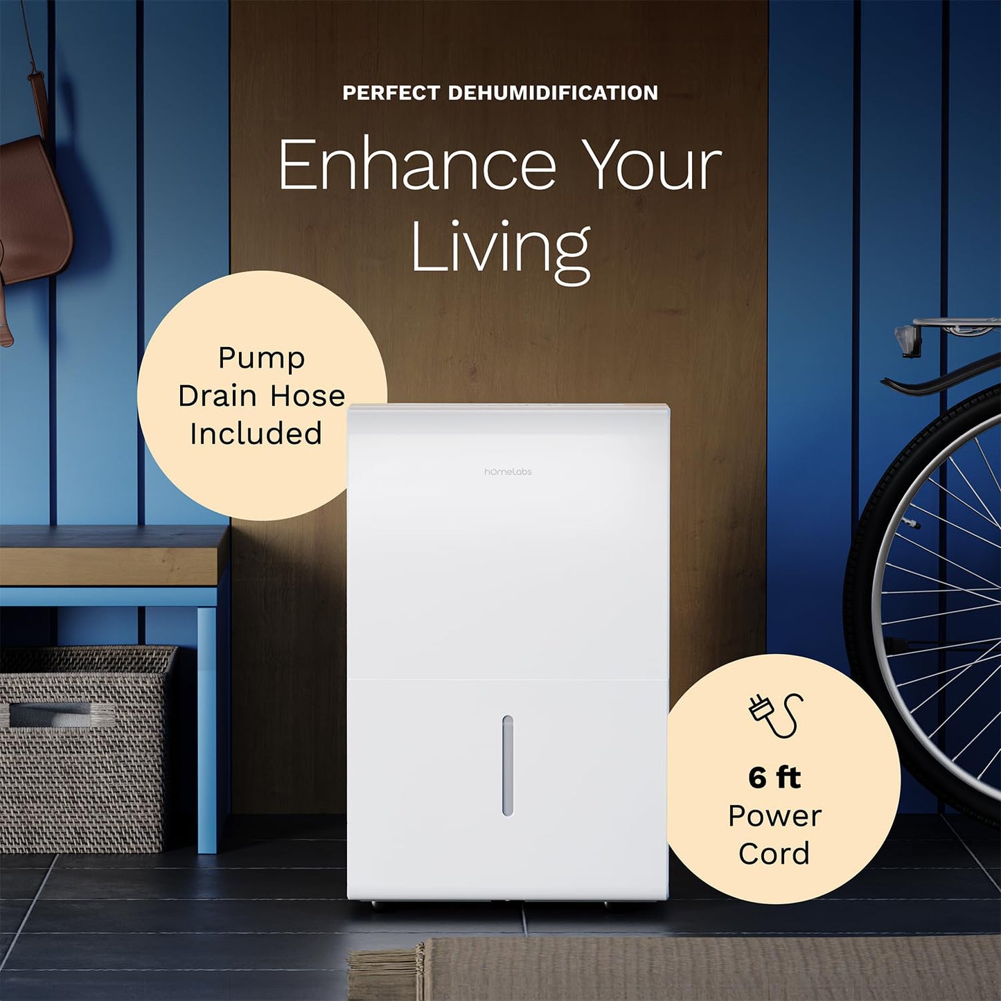 hOmeLabs Dehumidifier 7,500 Sq Ft Wi-Fi with Pump (50 Pint MAX 120 Pint at 95°F, 90% RH) for Home, Office, Basements with Powerful Moisture Removal, Humidity Control, Auto Shut-off, Quiet Operation