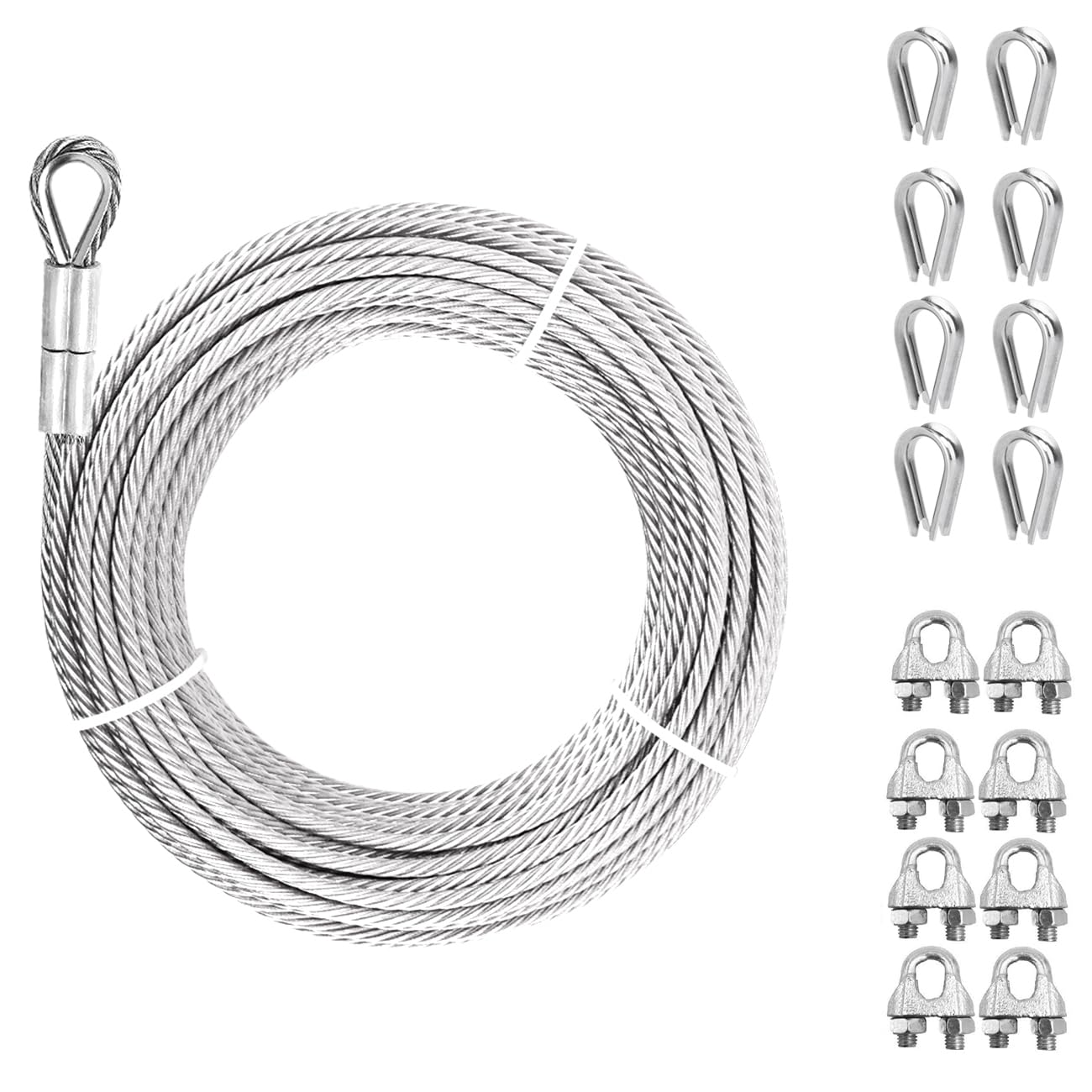5/16" Steel Cable, Sunuwk 150Ft 7x19 Strand Aircraft Cable with Loops, 9800 Lbs Breaking Strength, Heavy Duty Wire Rope with Clamps and Thimbles, for Zipline, Fencing, Deck Railing, Winch Cable