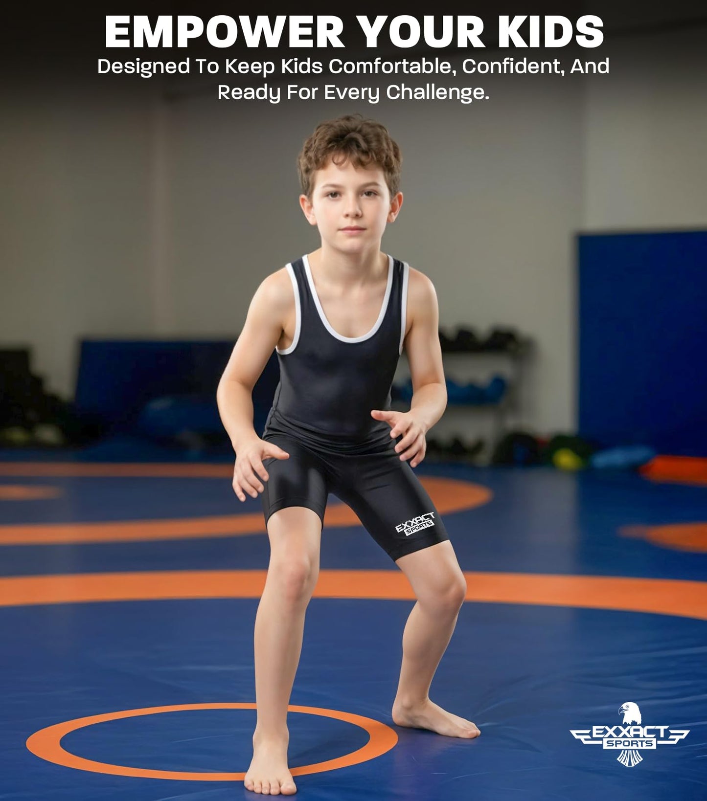 Exxact Sports Plain Youth Wrestling Singlet For Boys, Premium Powerlifting Singlet, Kids Wrestling Singlets For Training - (Black, YM)