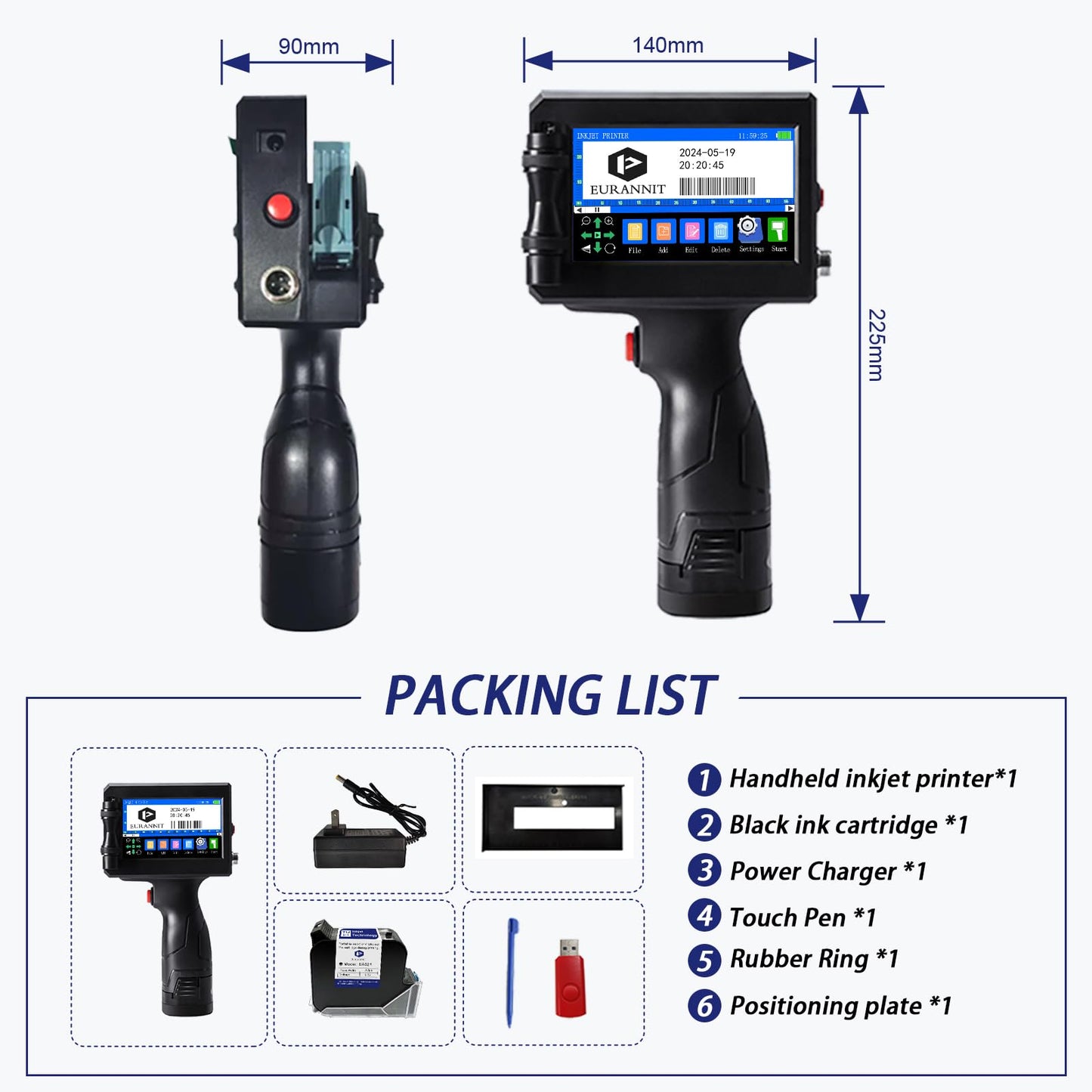 Eurannit E15-1 Handheld Inkjet Printer - 1 Inch Print Height with ER521 Black Ink Cartridge, Portable Coding Gun for Text, QR Code, Barcode on Carton, Plastic & Uneven Surfaces