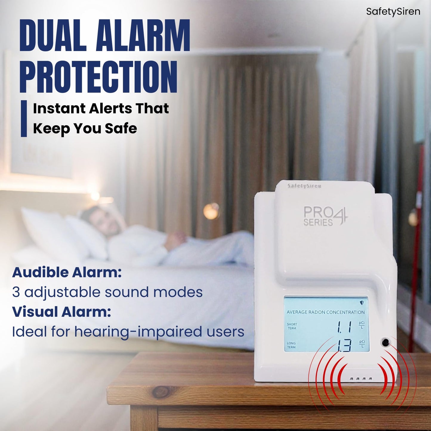 Safety Siren Pro4 Home Radon Gas Detector, Continuous Monitoring for Indoor Use with LED Indicators and Long-Term Radon Tracking, Real-Time Alerts, Digital Display and Alarm Function - 2 Pack