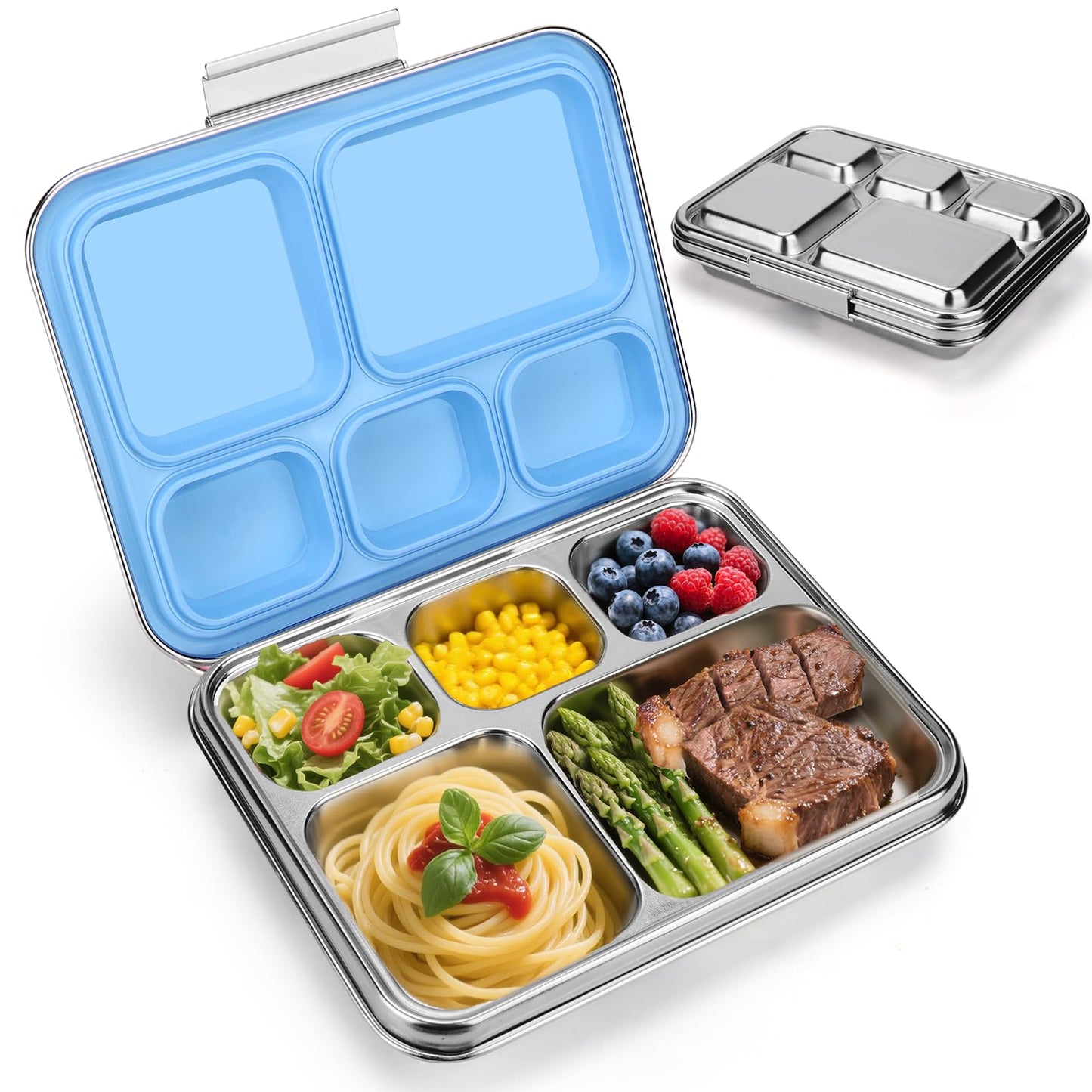 Palksky Lunch Bento Box Stainless Steel, Metal Bento Boxes for Kids Leak-Proof, 5 Compartments Lunchable Food Storage Containers with Lid for School, Office, Travel - Blue