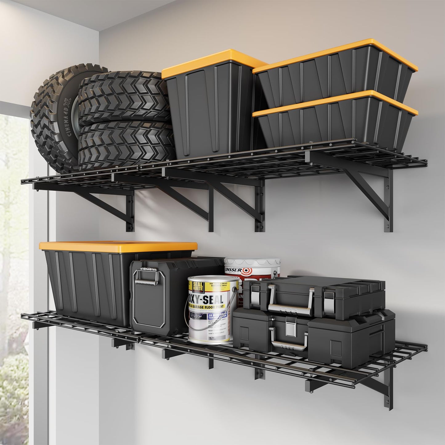 Jusgym 4 Pack Heavy Duty Garage Wall Shelving Set (2x3ft), Wall Mounted Garage Shelves 1400lbs Capacity, 24"x72" Shelf Storage Rack Floating Shelves, Black
