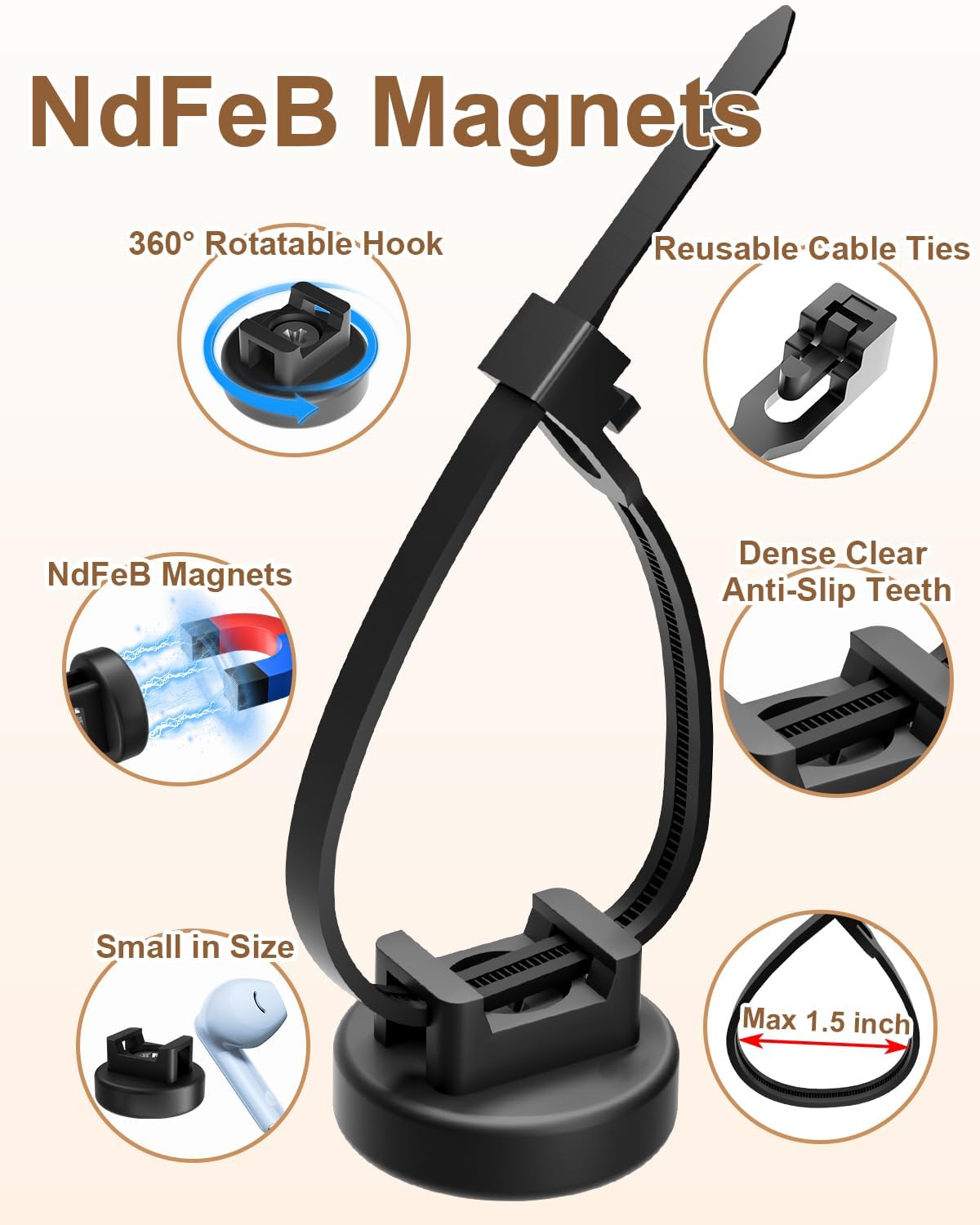 15 Supplies(85 22mm) PCS Magnetic Zip Tie Mounts, Black Magnetic Wire Holder Multipurpose & Releasable Nylon Cable Ties