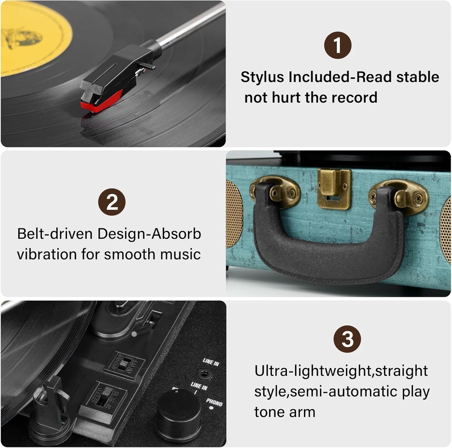 Mersoco 3-Speed 3.5mm MP3, Vinyl Record Player Bluetooth Suitcase Portable Belt-Driven, Supports Bluetooth, RCA Output