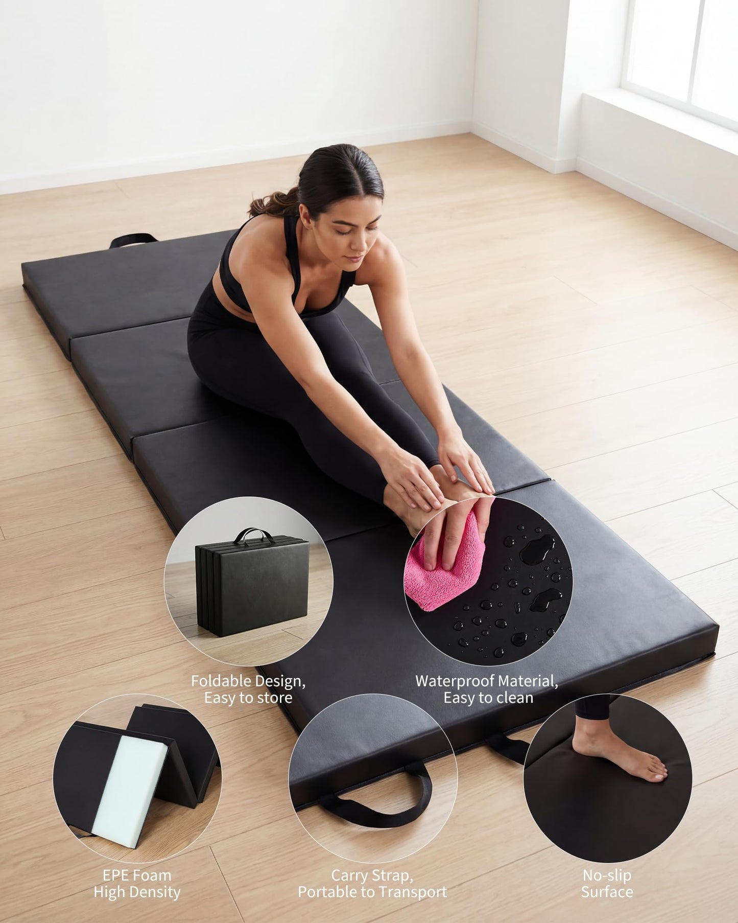 GarveeLife 6Ft Folding Gymnastics Mat, 2 inches Thick 4-Fold Portable Home Gym Floor Pad for Yoga, Pilates, Aerobics & Martial Arts Training