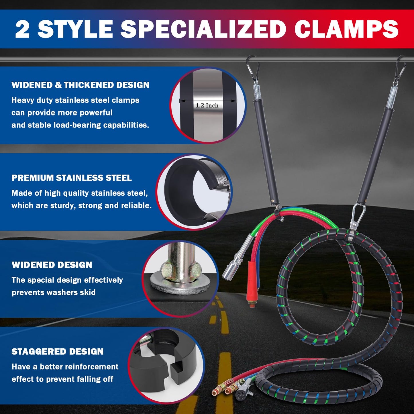 CheeMuii 12 FT Semi Truck Air Lines Kit with 2 PCS 16" Single Tender Spring Kit Gladhands with Gladhand Holder and Handles 3IN1 Red & Blue Air Hoses ABS Electric Power Line Kit for Truck Trailer