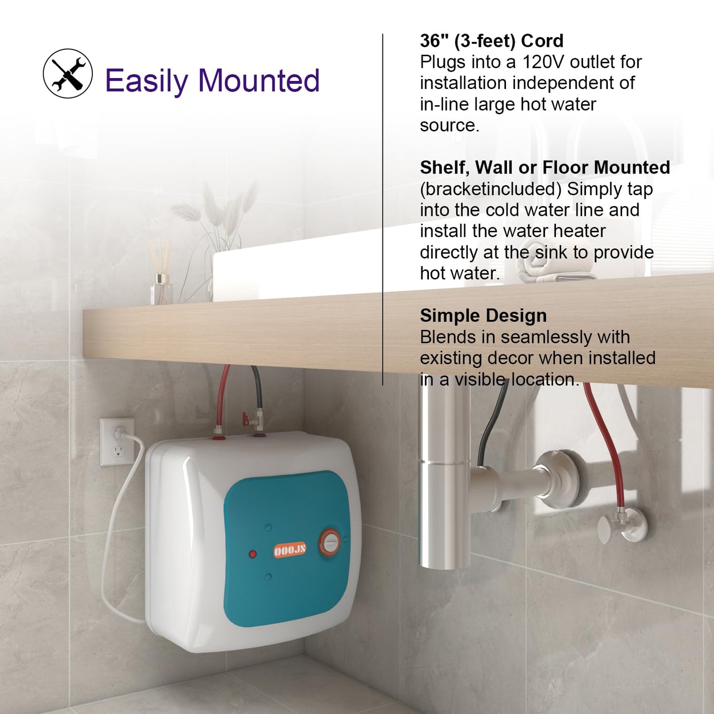 110V-120V 1440-1500W Instant Electric Hot Water Heater Under Kitchen Small Tank 8.0 Gallon Storage,Rv Trailer Instant Fiberglass Compact Point-of-Use,2 PCs 16” Long 1/2”FIP Stainless Steel Hose 30L